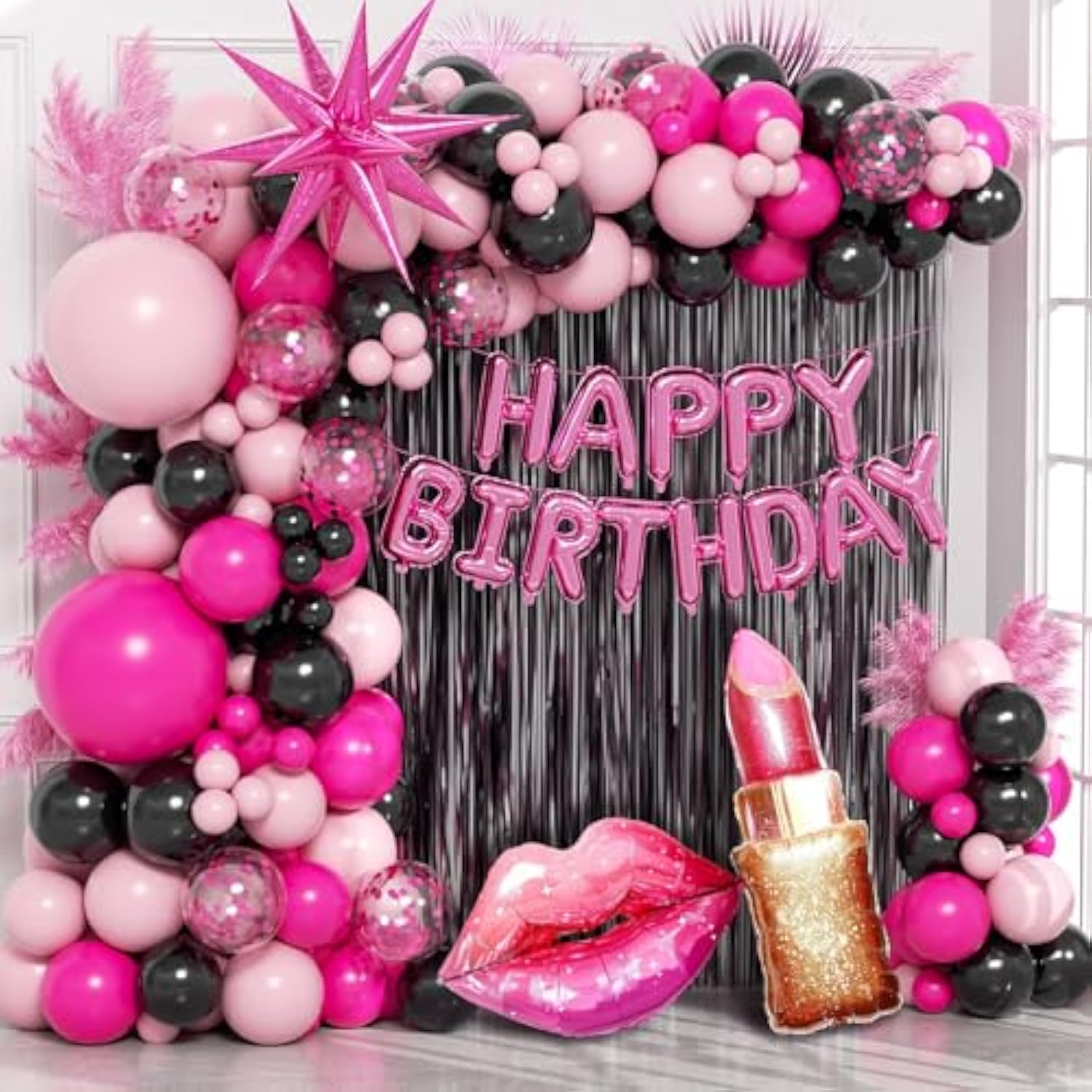Hot Pink & Black Birthday Decorations With Confetti & Foil Balloons, Fringe Curtains For Happy Birthday Celebrations