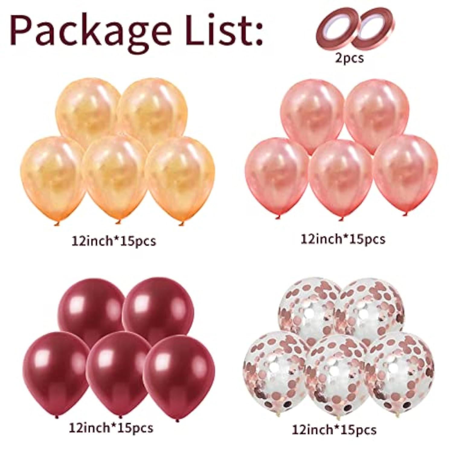 60pcs Burgundy & Rose Gold Balloons – 12" Latex and Confetti Mix for Birthday, Wedding and Party Decor