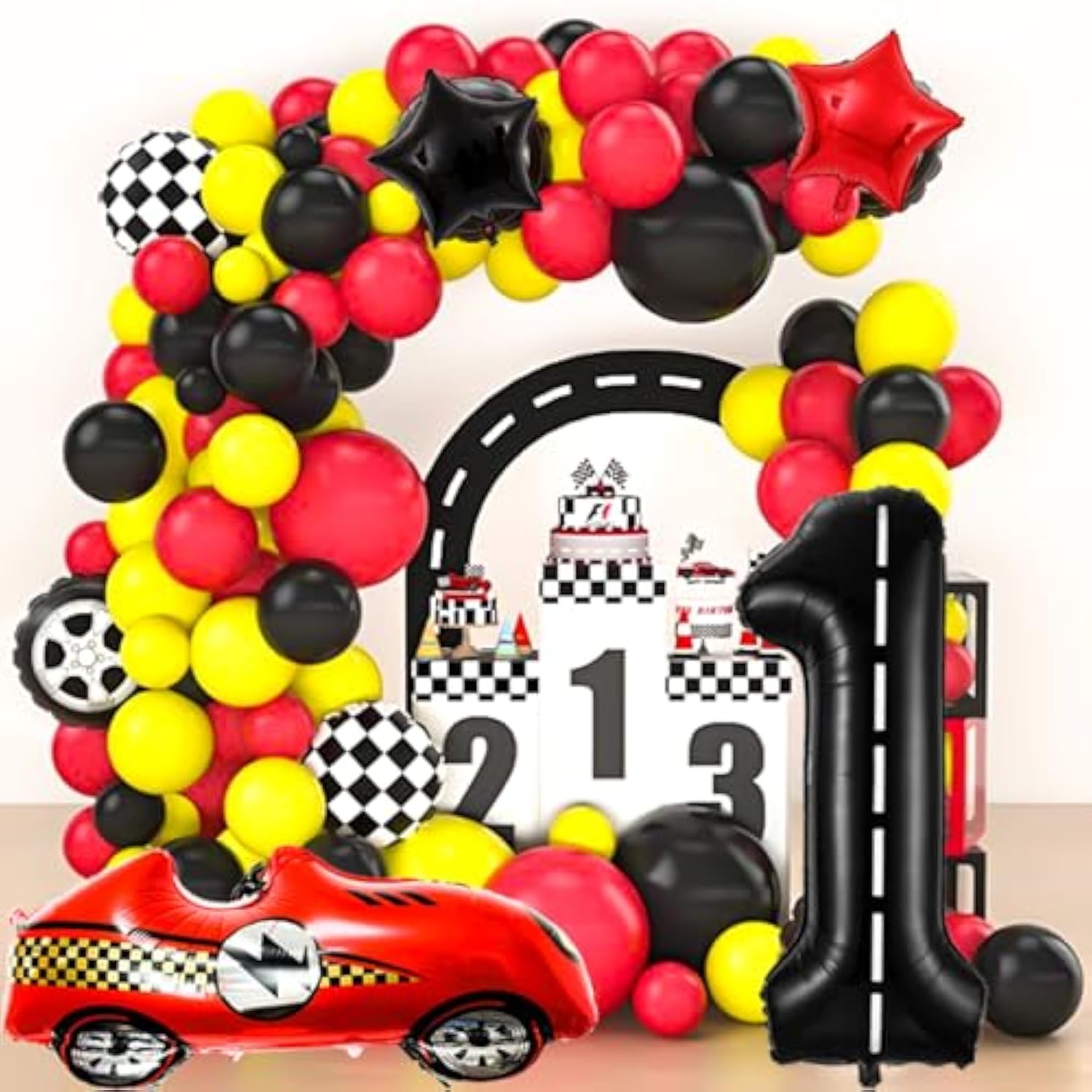 1st Racecar Birthday Set – Red Car, Number 1 & Checkered Balloons