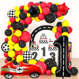 1st Racecar Birthday Set – Red Car, Number 1 & Checkered Balloons
