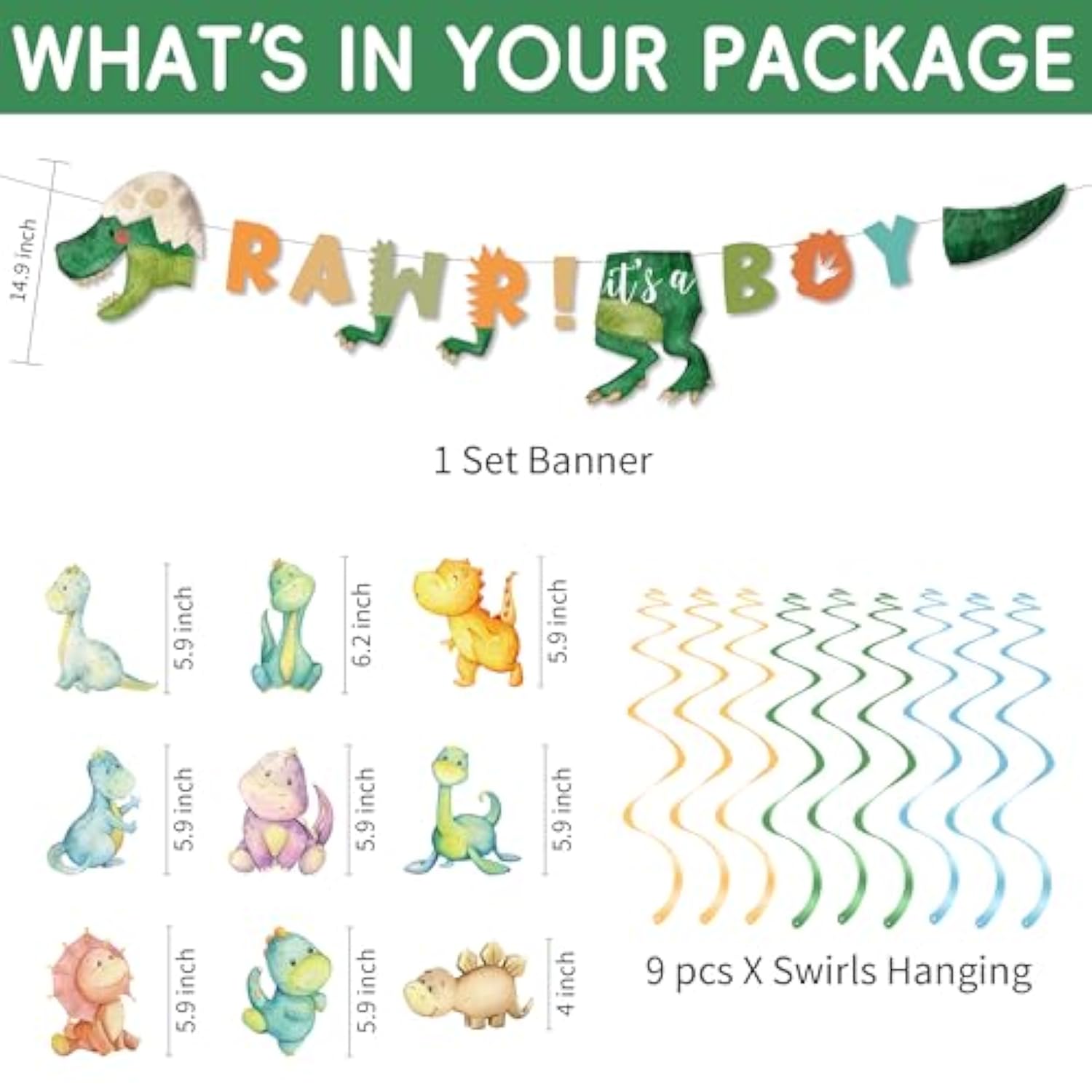 Boy Dinosaur Baby Shower Decorations Banner And Party Swirls Set, Jungle Animal Dino Theme Rawr It'S A Boy Party Banner And Hanging Set Supplies Decorations