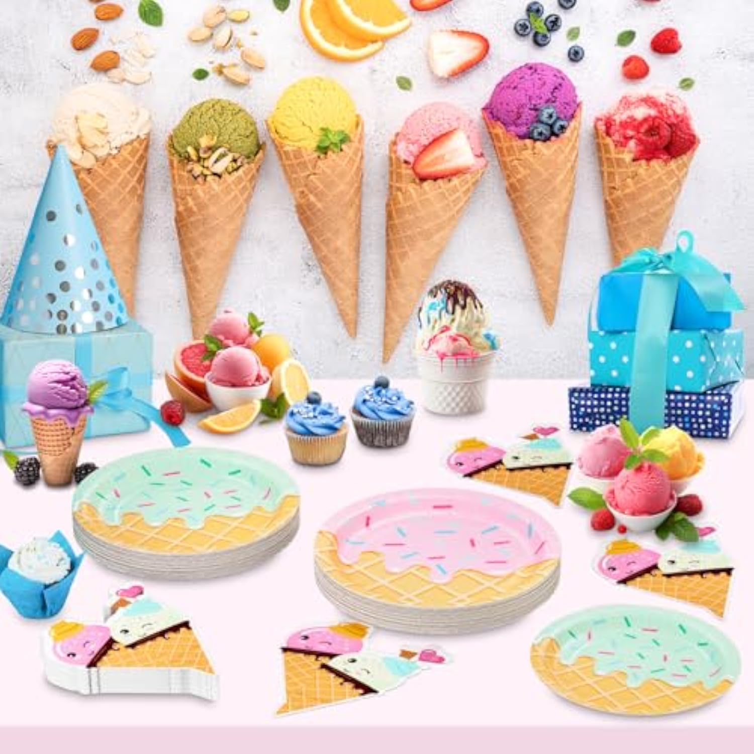 48 Pcs Ice Cream Birthday Party Plates And Napkins Kit, Ice Cream Theme Tableware Set Snow Cones Party Table Decorations Supplies, Disposable 9'' And 7'' Paper Plates, Napkins, Serves 16