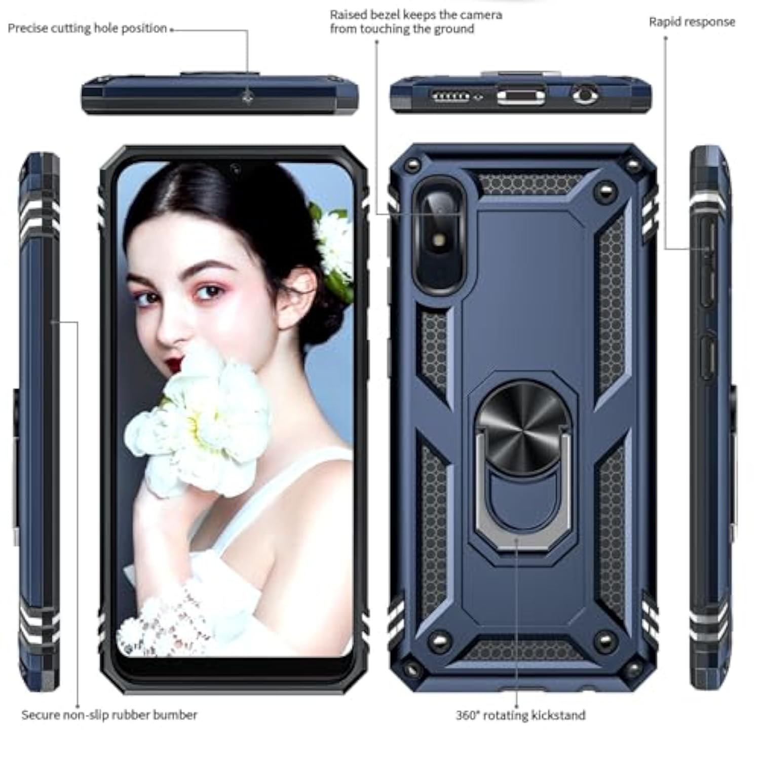 For Galaxy A10E Phone Case With Tempered Glass Screen Protector And Camera Lens Protector, Heavy Duty Rugged Android Unlocked Samsung A10E Cover With Magnetic Ring Holder Stand Men, Blue