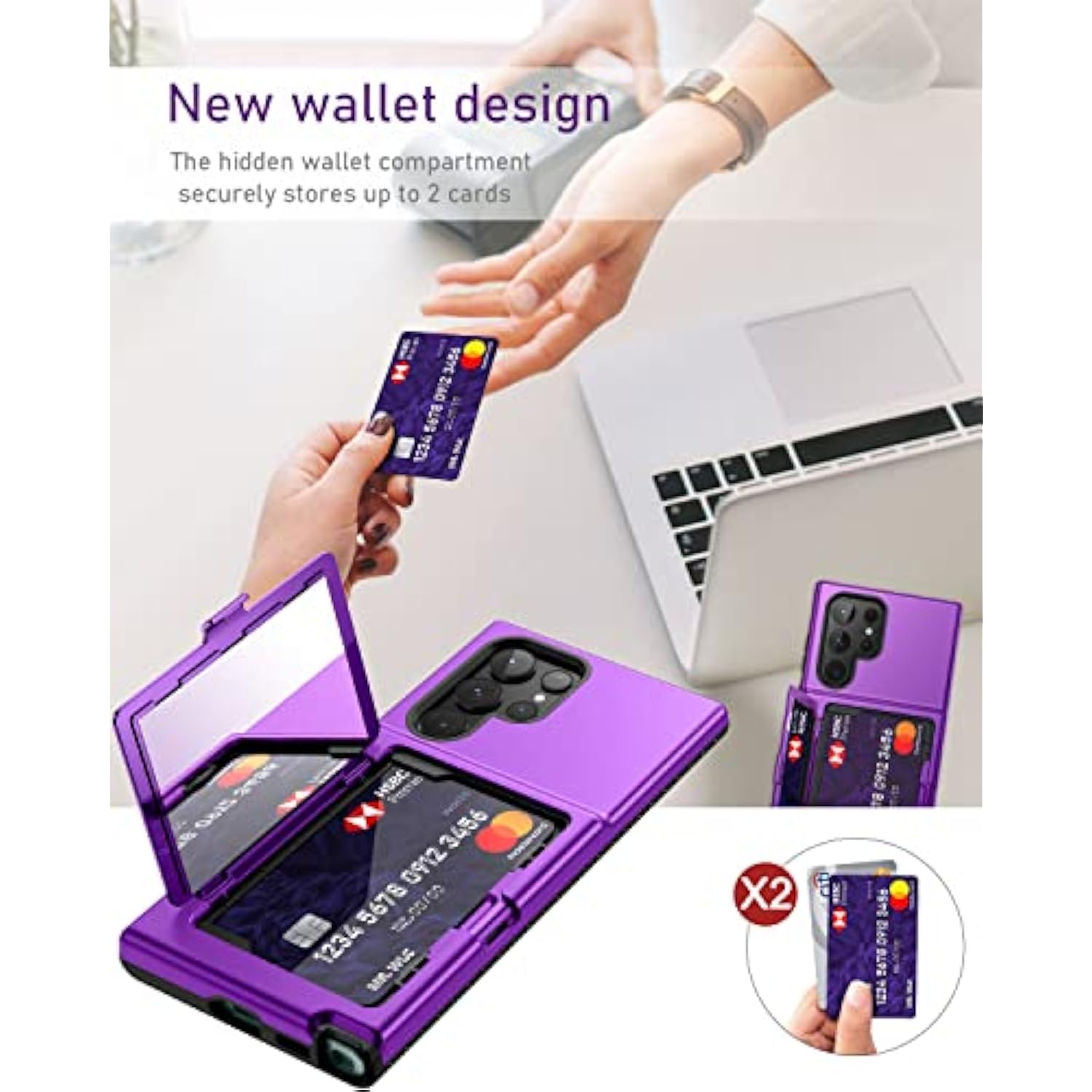 For Samsung Galaxy S22 Ultra Wallet Case With Credit Card Holder & Hidden Mirror, Allround Protection Shockproof Phone Cover Designed For Samsung Galaxy S22 Ultra, 6.8 Inch Purple