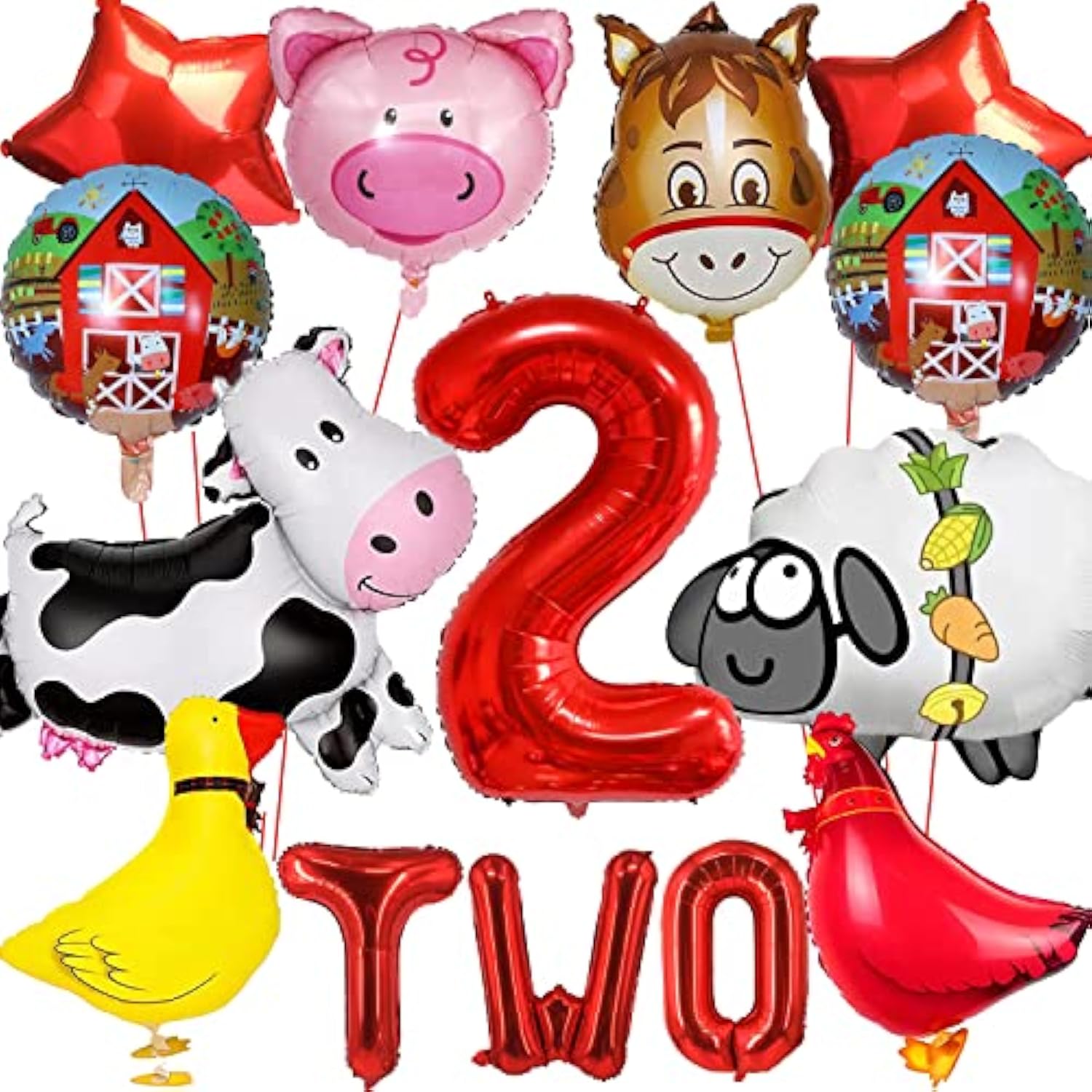 14 Pcs Farm Animal Balloons Cow Sheep Duck Rooster Pig Donkey Balloons Barnyard Balloon Supplies With Large Number 2 Foil Balloon For Farm Animal Theme 2Nd Birthday Party Decor Supplies