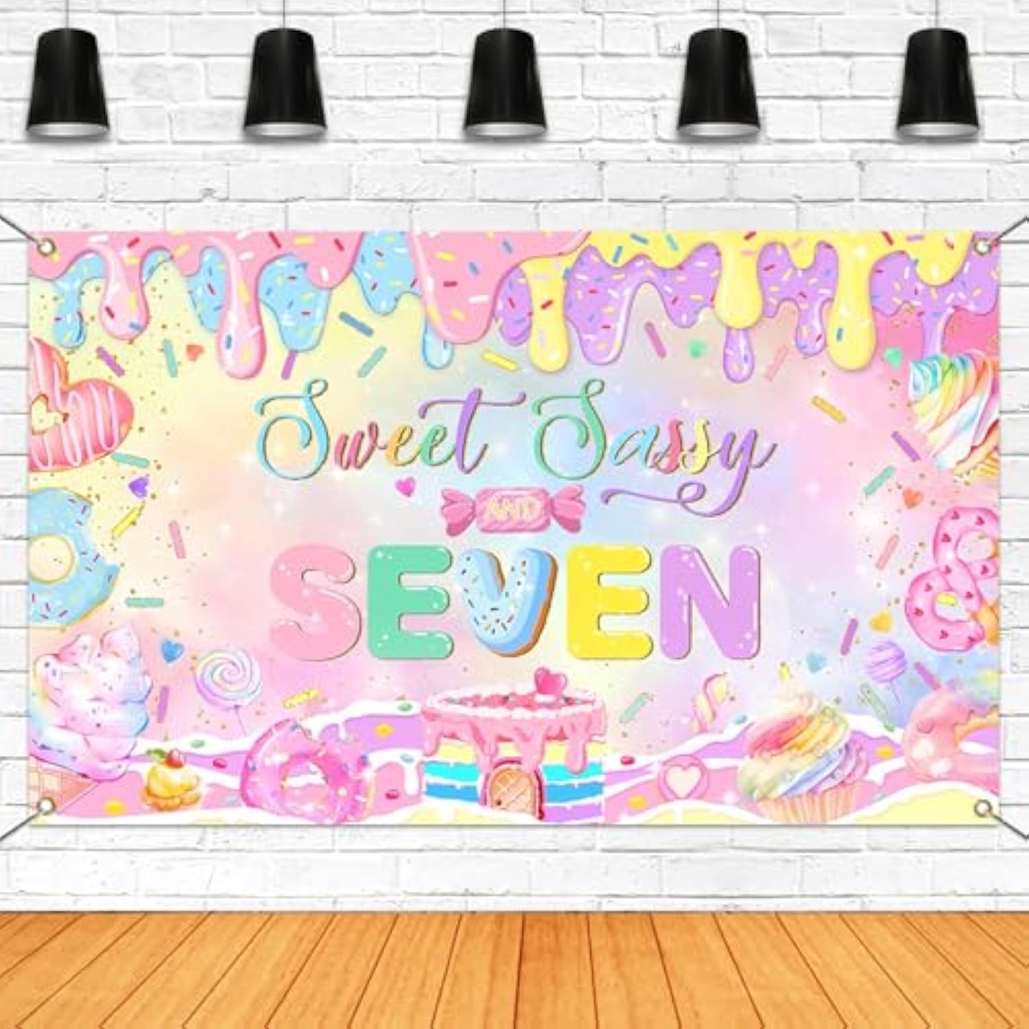 Donut 7th Birthday Backdrop Sweet Sassy Seven Banner for Girls Party (Pink)
