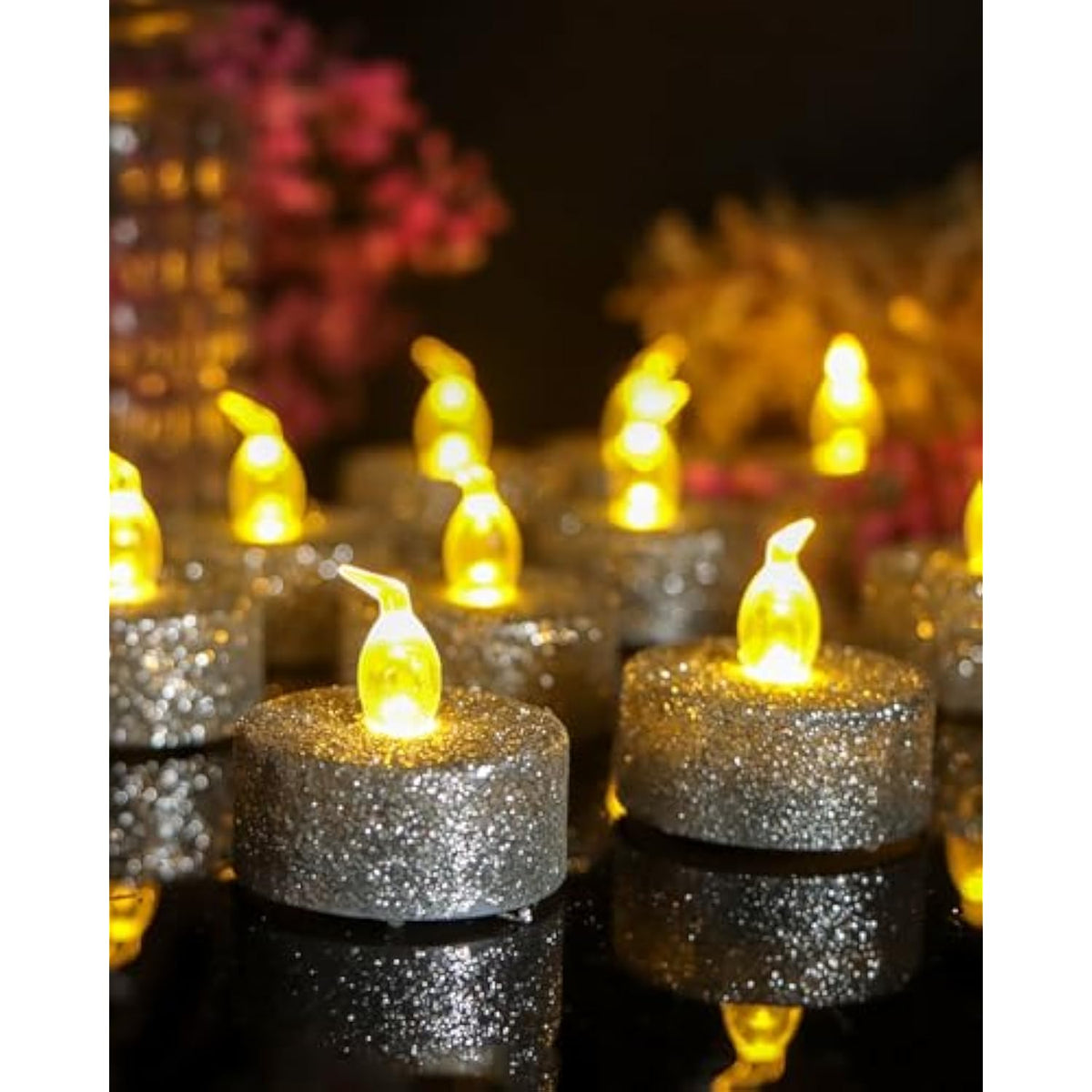 Silver Tea Lights With Timer, Glitter Battery Operated Tealights For Event, Christmas Decorations,Anniversary,Wedding, Built-In 6 Hours,12 Pack