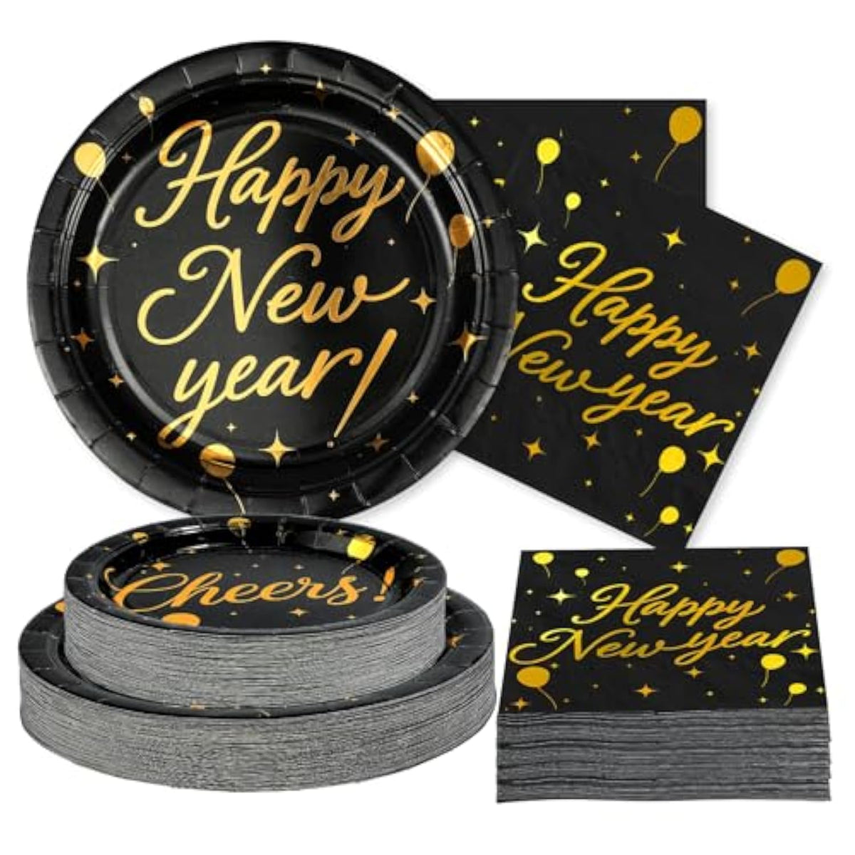 200 Pcs Happy New Year 2026 Party Supplies Black Gold Party Plates And Napkins Disposable Cheers To 2026 Tableware Set For New Year'S Eve Christmas Holiday Birthday Decorations, Serves 50