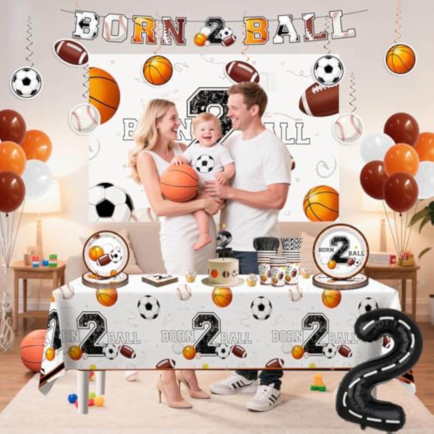 160 Pcs Born 2 Ball Birthday Decorations, All-In-One Tableware Set Includes Backdrop, Balloon, Candle, Tablecloth, For Ball Themed 2Nd Birthday Party Decorations, Serves 20