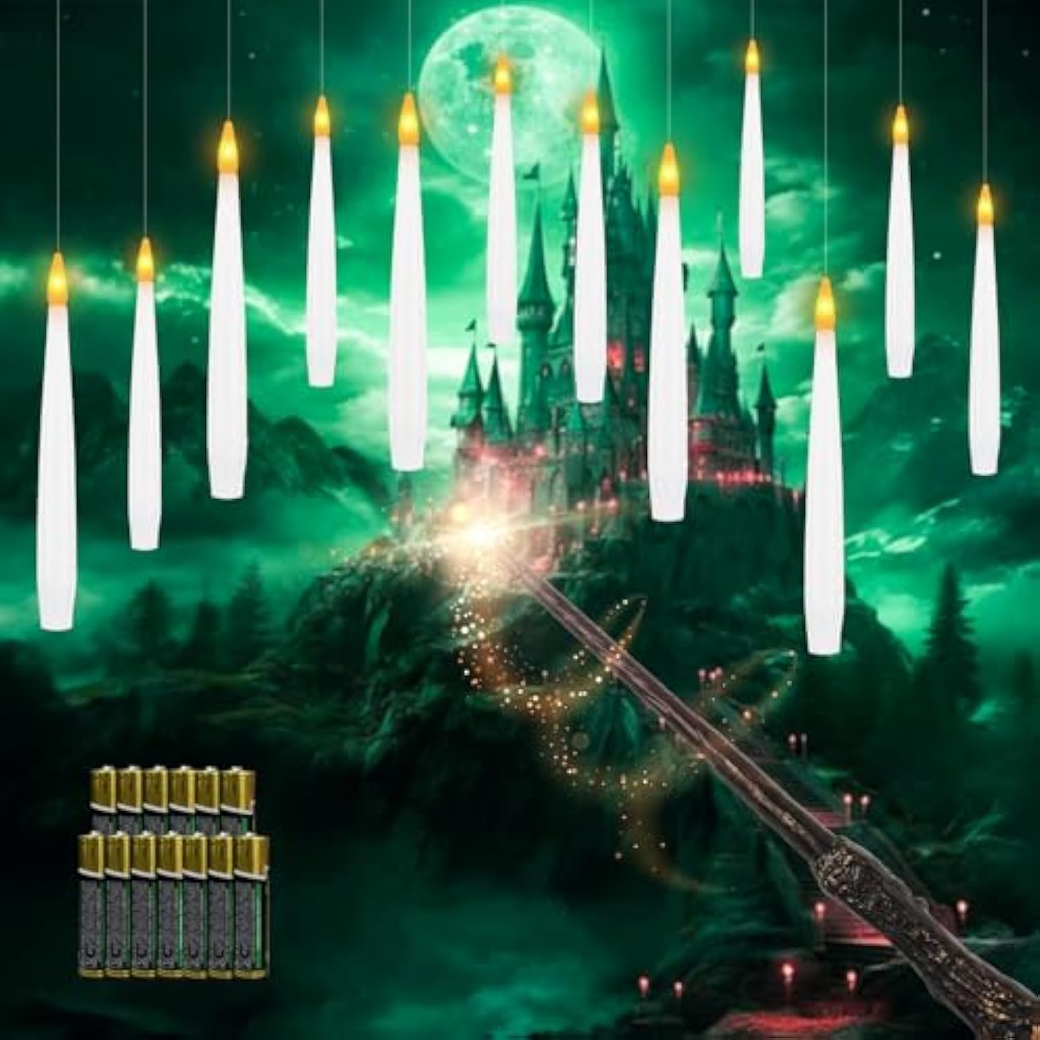 12 Pcs Floating Candles With Wand Led Magic Hanging Candle Battery Operated Candle With 13 Batteries Include Flickering Warm Light Floating Candles For Christmas Halloween Decoration