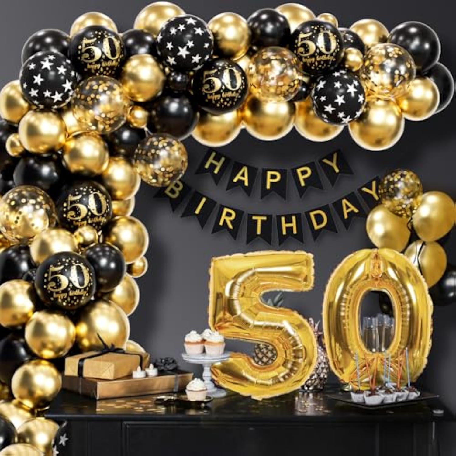 50Th Birthday Decorations For Men Women With Happy 50Th Birthday Decorations Banner 50 Balloon Number, Black And Gold 50Th Birthday Balloons Kit For 50Th Birthday Party Decorations