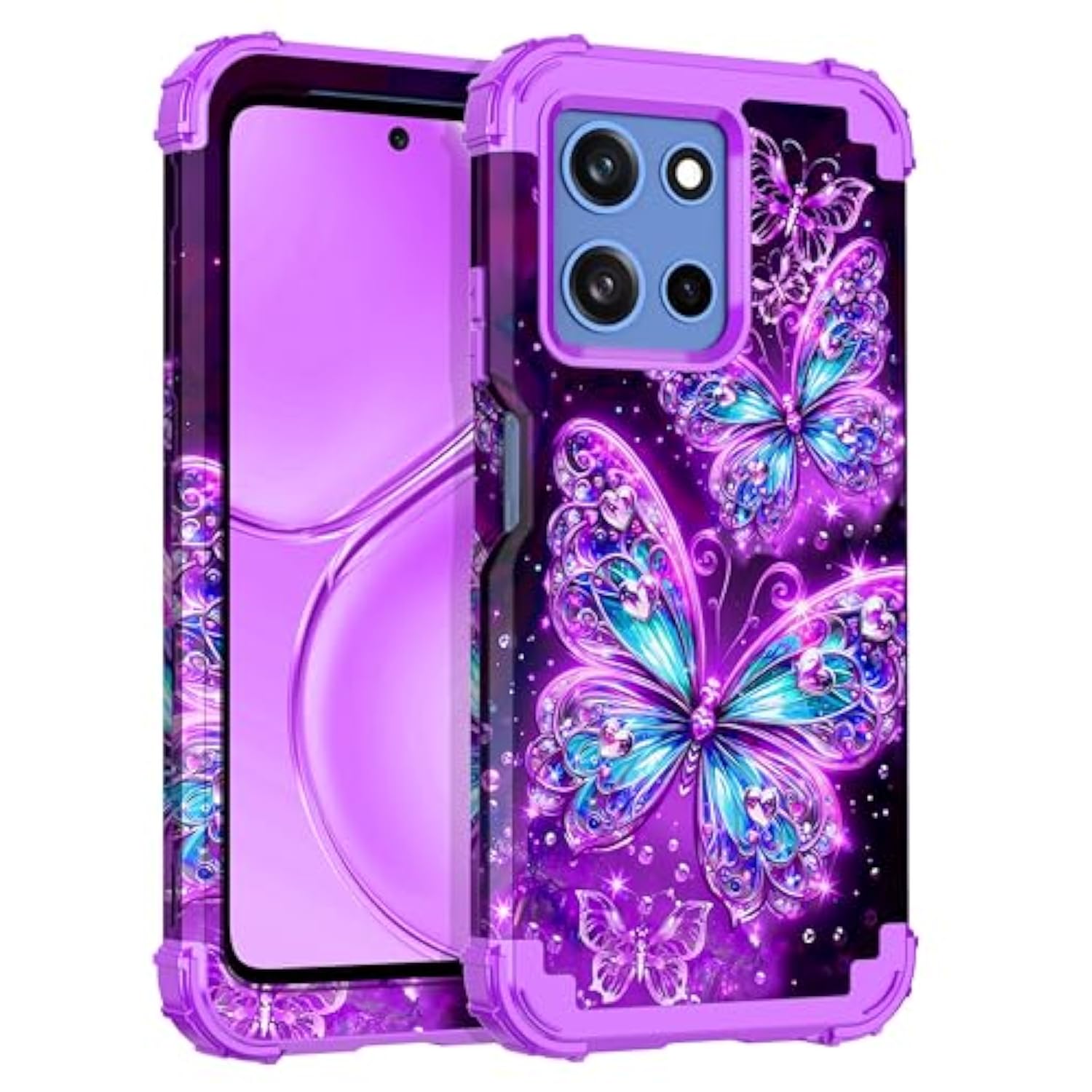 Compatible With Moto G 5G 2025 Case,Glow In The Dark Three Layer Heavy Duty Sturdy Shockproof Full Protection Rugged Hard Pc+Soft Tpu Bumper Case,All Purple