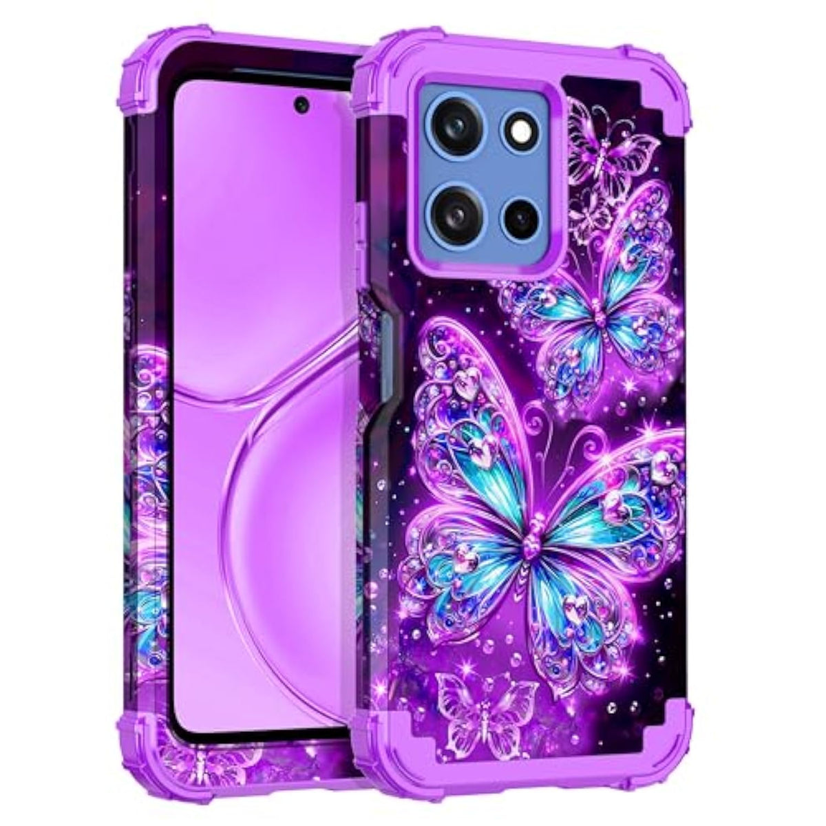 Compatible With Moto G 5G 2025 Case,Glow In The Dark Three Layer Heavy Duty Sturdy Shockproof Full Protection Rugged Hard Pc+Soft Tpu Bumper Case,All Purple