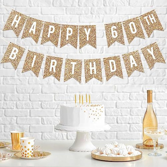 Pre-Strung Happy 60Th Birthday Banner - No Diy - Gold Glitter 60Th Birthday Party Banner For Men & Women - Pre-Strung Garland On 6 Ft Strands - Gold Bday Party Decorations & Decor - No Diy