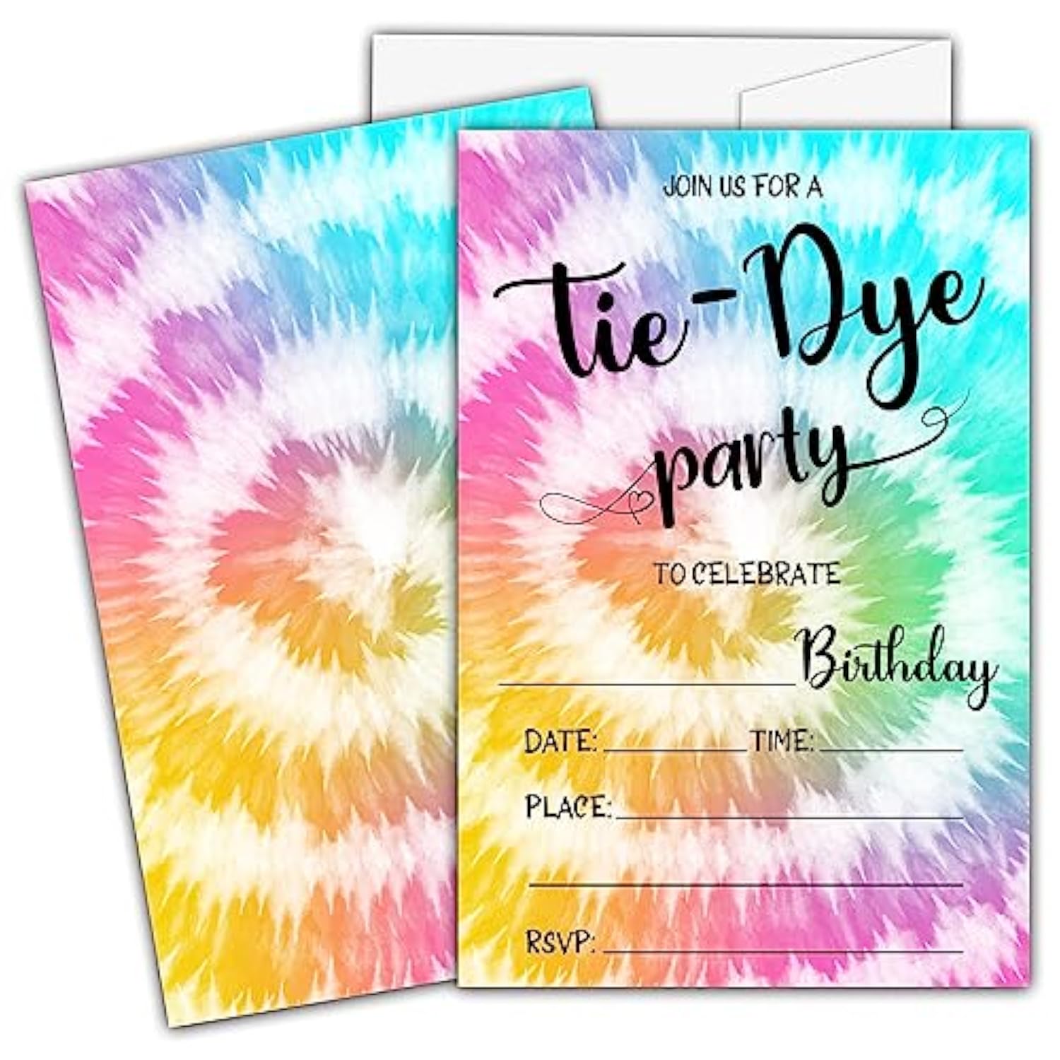 Tie Dye Birthday Invitations For Kids Girls Boys, Tie Dye Birthday Party Invitation Cards, Birthday Party Decor Supplies - 20 Fill In Invitations With Envelopes (D04)