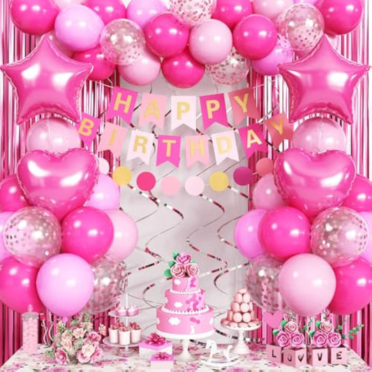 Pink Birthday Decorations For Girls, Hot Light Pink Balloon Garland Arch Kit Happy Birthday Banner Foil Curtain Heart Star Foil Party Balloons For Princess Party Decor