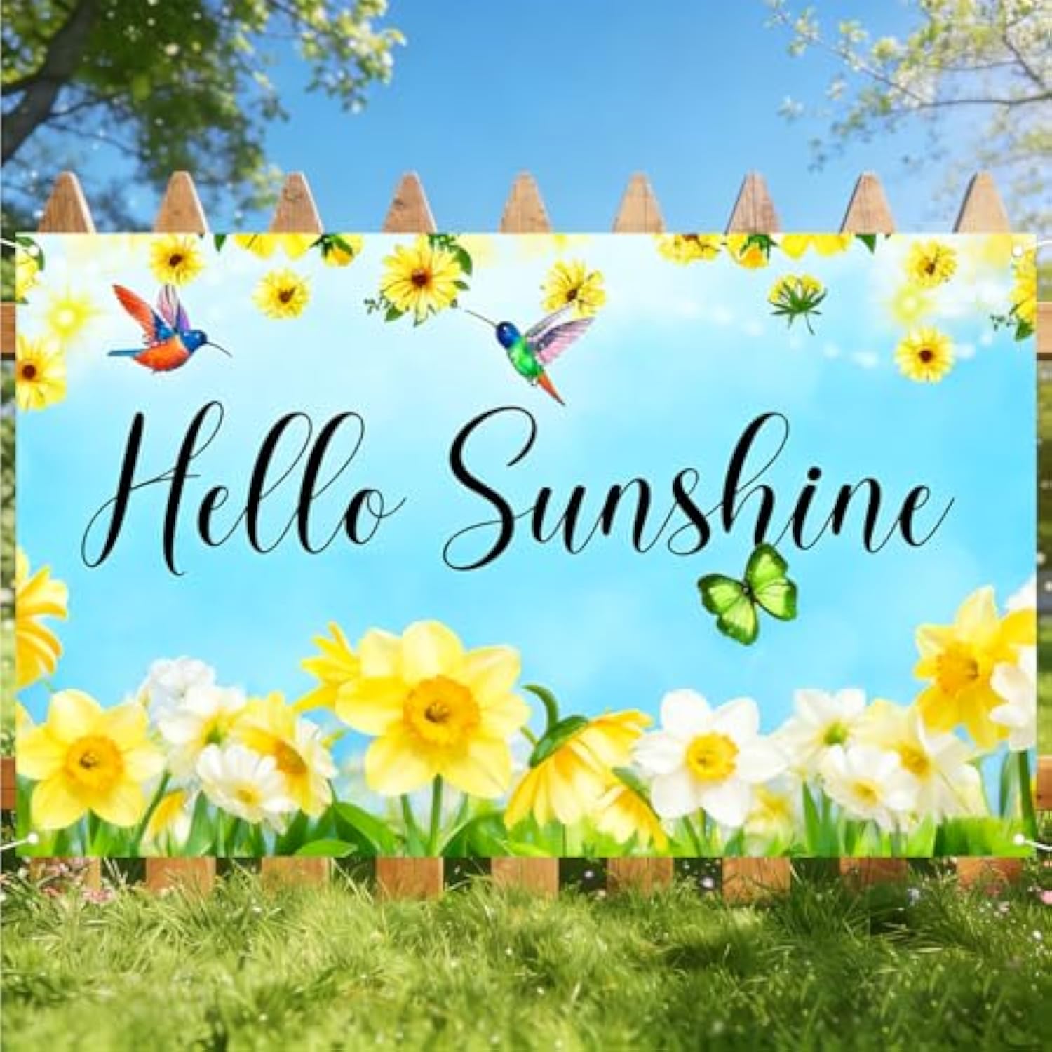 Hello Spring Banner - Hello Sunshine & Daffodil Theme - 71X43 Inches Polyester - Spring Banners For Outside - Banner For Lawn, Yard, Patio