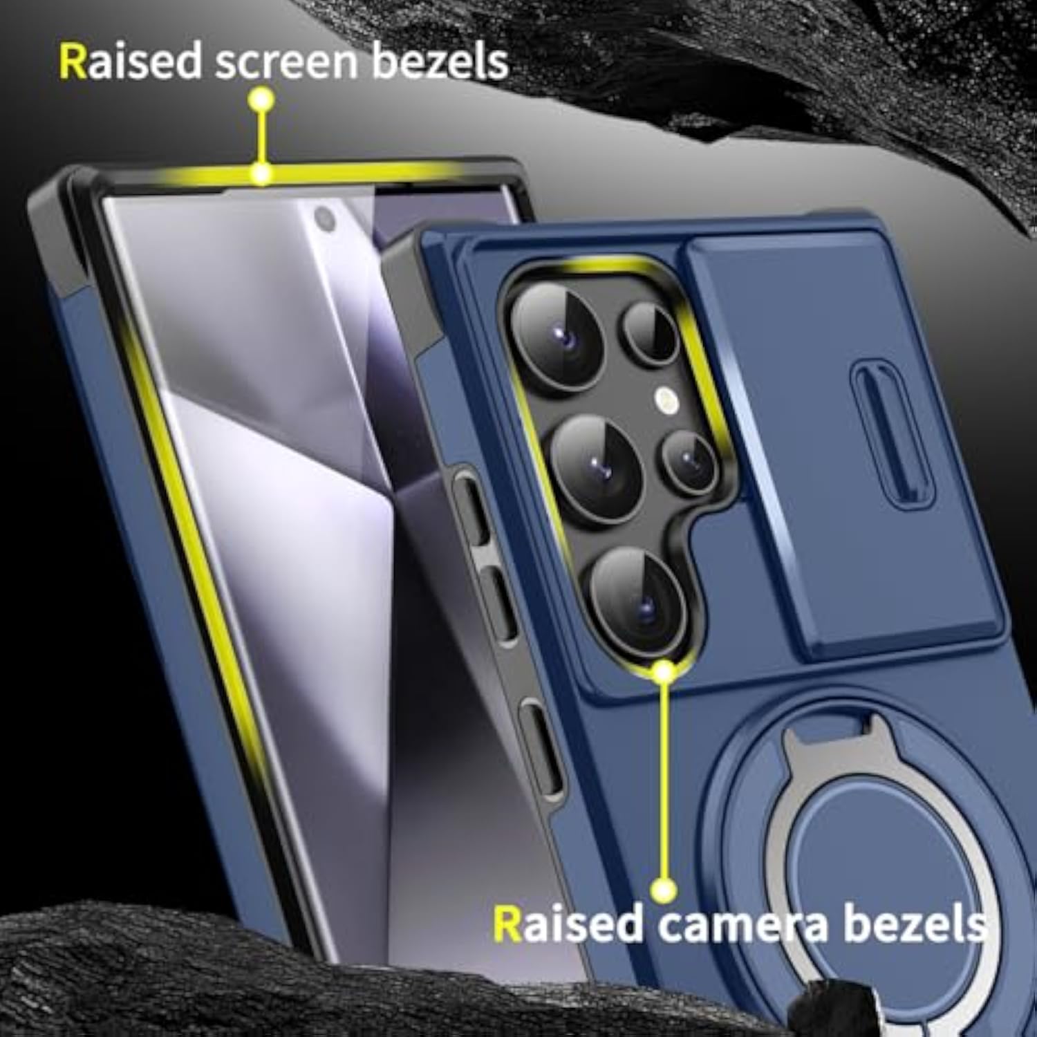 Samsung Galaxy S25 Ultra Case with Slide Camera Cover and Rotating Kickstand Ring, Slim Magnetic Shockproof Accessories Phone Case for Samsung S25 Ultra (Blue) - Protective Case for Samsung S25 Ultra with Rotating Stand