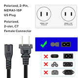 6Ft 2 Prong Power Cord - [Ul] Polarized Power Cord Nema1-15P To Iec-C7 - Replacement Figure-8 Ac Power Cable Compatible With Vizio Led-Hdtv D-E-M-Series, Sewing Machine, Soundbar - 6-Feet