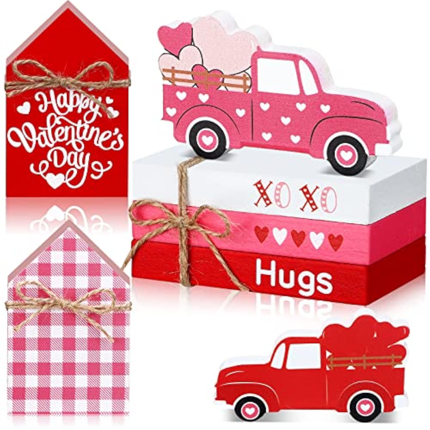 5 Pcs Valentine'S Day Decorations Valentine Table Centerpiece Valentines Tiered Tray Decor Reversible Wooden Truck Sign 3 Books Bundle With Twine Red Pink House Sign For Home Office Mantel Gift