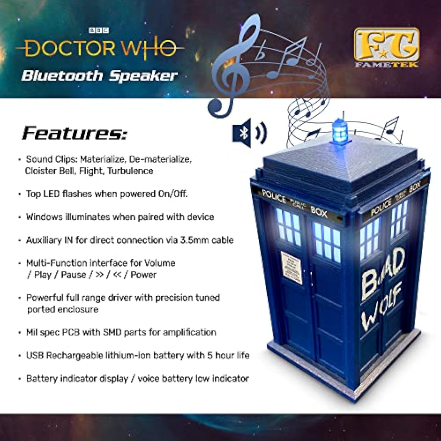 Doctor Who Bad Wolf Tardis Wireless Bluetooth Speaker Plays Music, Lights Up, Accurate Sounds Effects |Gifts For Men Or Women - Best Gifts Birthday Collectibles For Doctor Who