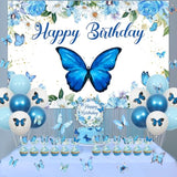 Blue Butterfly Birthday Party Decorations For Girls, Butterfly Happy Banner Backdrop Balloons Cake Cupcake Toppers Wall Stickers For Girl Butterfly Theme Birthday Party Decoration