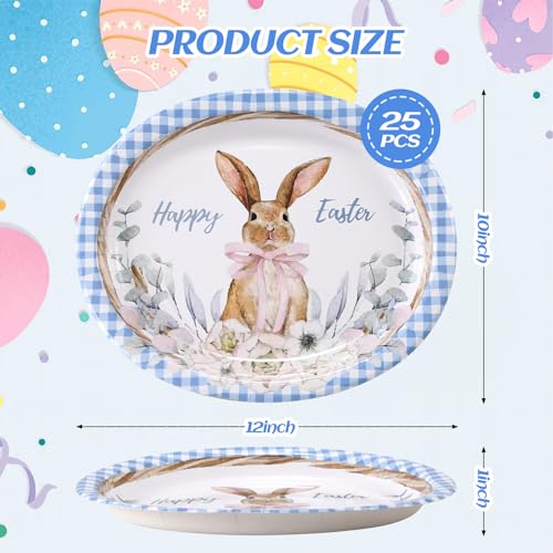 25Pcs Easter Oval Paper Plates - 10" x 12" Large Disposable Party Plates for Easter Party Supplies