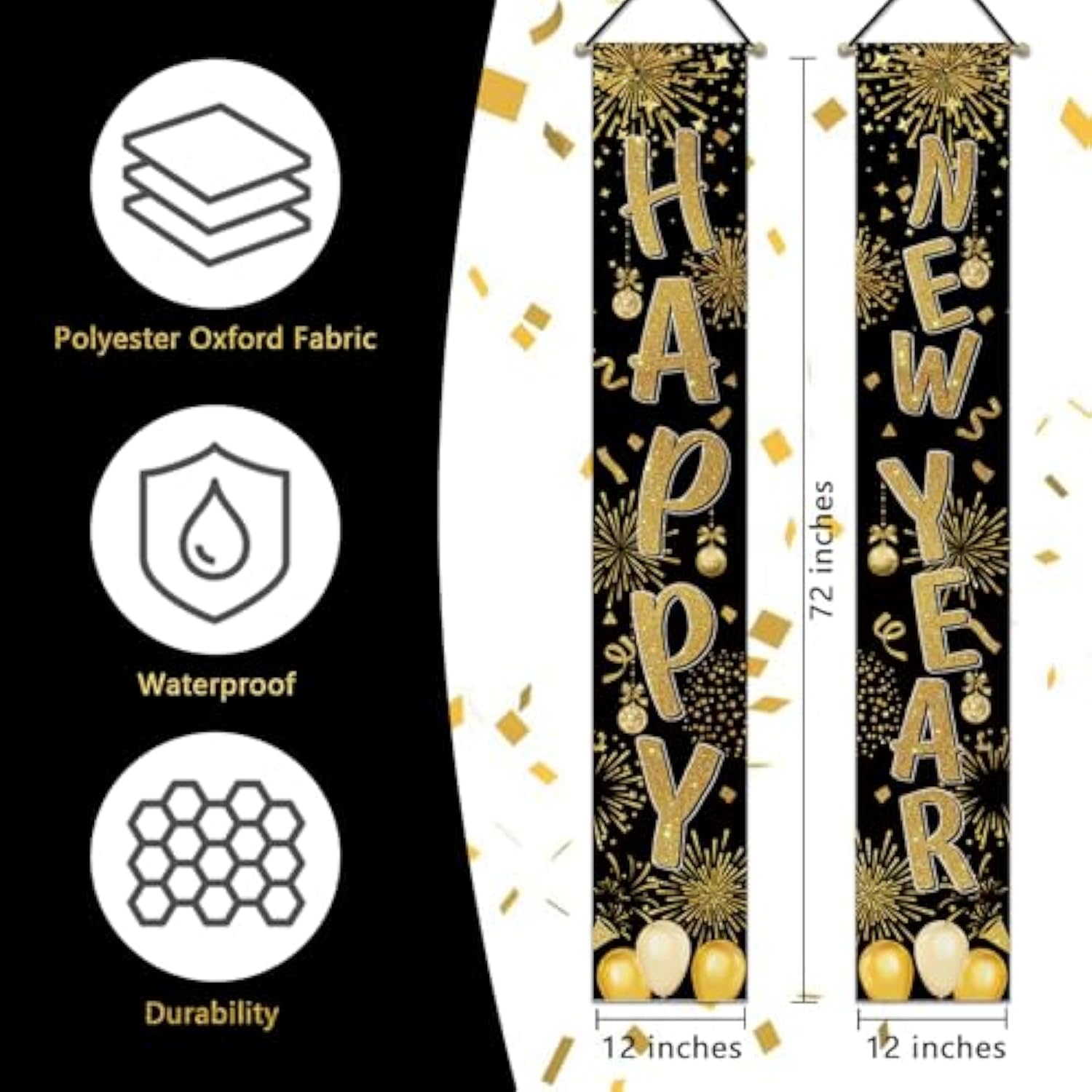 2026 New Year Porch Banner with Black Gold Fireworks and Balloons