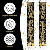 2026 New Year Porch Banner with Black Gold Fireworks and Balloons