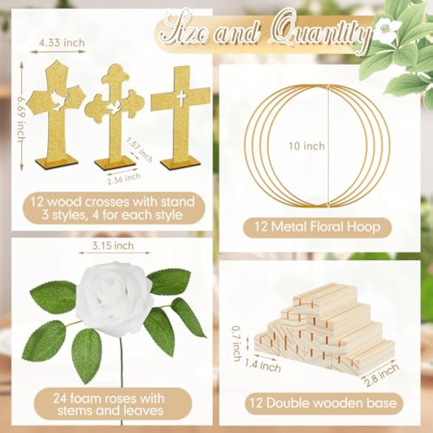48 Pcs Baptism Centerpiece First Communion Table Decoration 12 Wood Cross 12 Floral Hoop With Stand 24 Foam Rose With Stem For Baptism Baby Shower Wedding(Gold And White,Stylish)