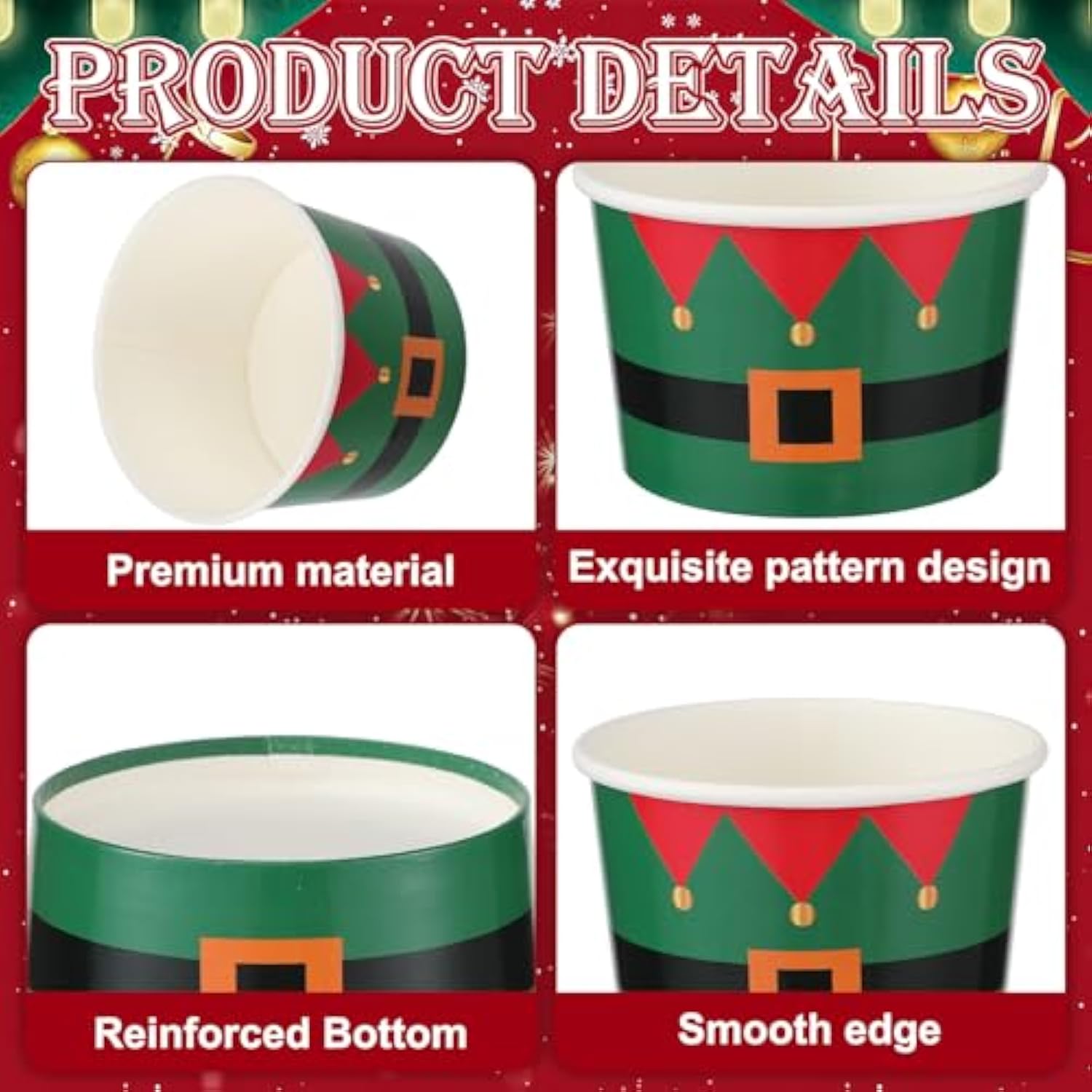 100 Pcs 9 Oz Christmas Snack Treat Disposable Cups 2025 Christmas Ice Cream Paper Cups Santa Belt Bowls For Xmas Party Supplies Decorations Cold Or Hot Soup