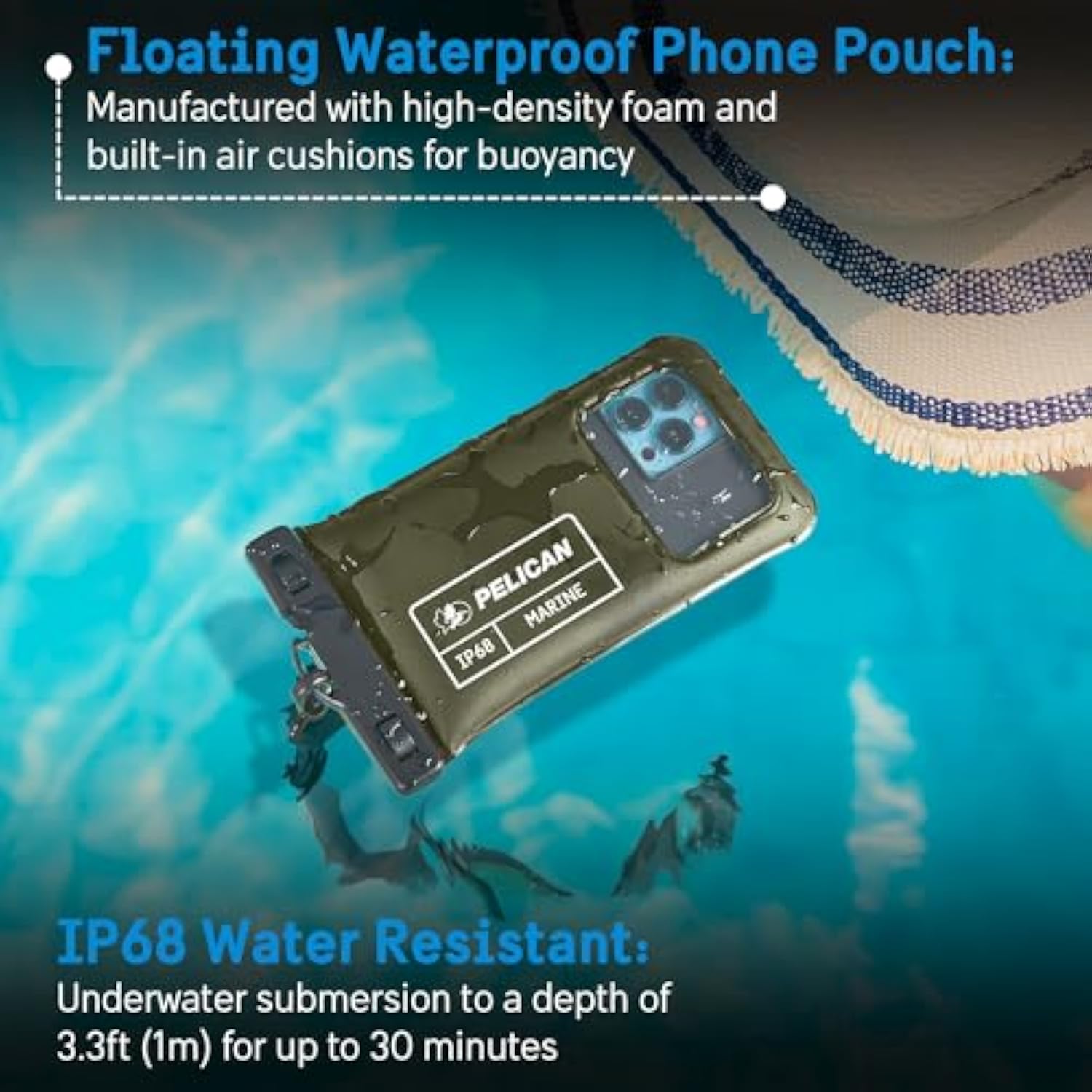 Marine - Ip68 Waterproof Phone Pouch/Case (Regular Size) - Floating Waterproof Phone Case - Iphone 14 Pro Max/ 13 Pro Max/ 12 Pro Max/ 11/ S23/ Pixel 7 - Detachable Lanyard - Olive Green