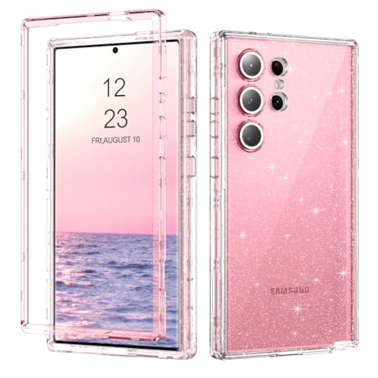 For Samsung Galaxy S24 Ultra Case, Glitter Sparkle 3 In 1 Heavy Duty Cover Hybrid Hard Pc Rugged Shockproof Transparent Protective Bling Phone Case For Samsung S24 Ultra 6.8", Pink/Glitter