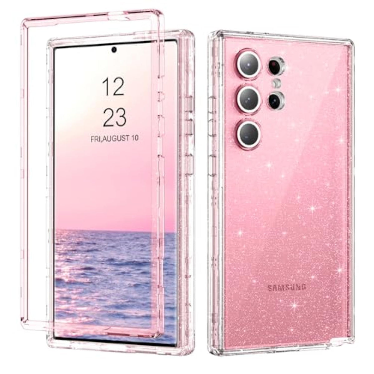 For Samsung Galaxy S24 Ultra Case, Glitter Sparkle 3 In 1 Heavy Duty Cover Hybrid Hard Pc Rugged Shockproof Transparent Protective Bling Phone Case For Samsung S24 Ultra 6.8", Pink/Glitter