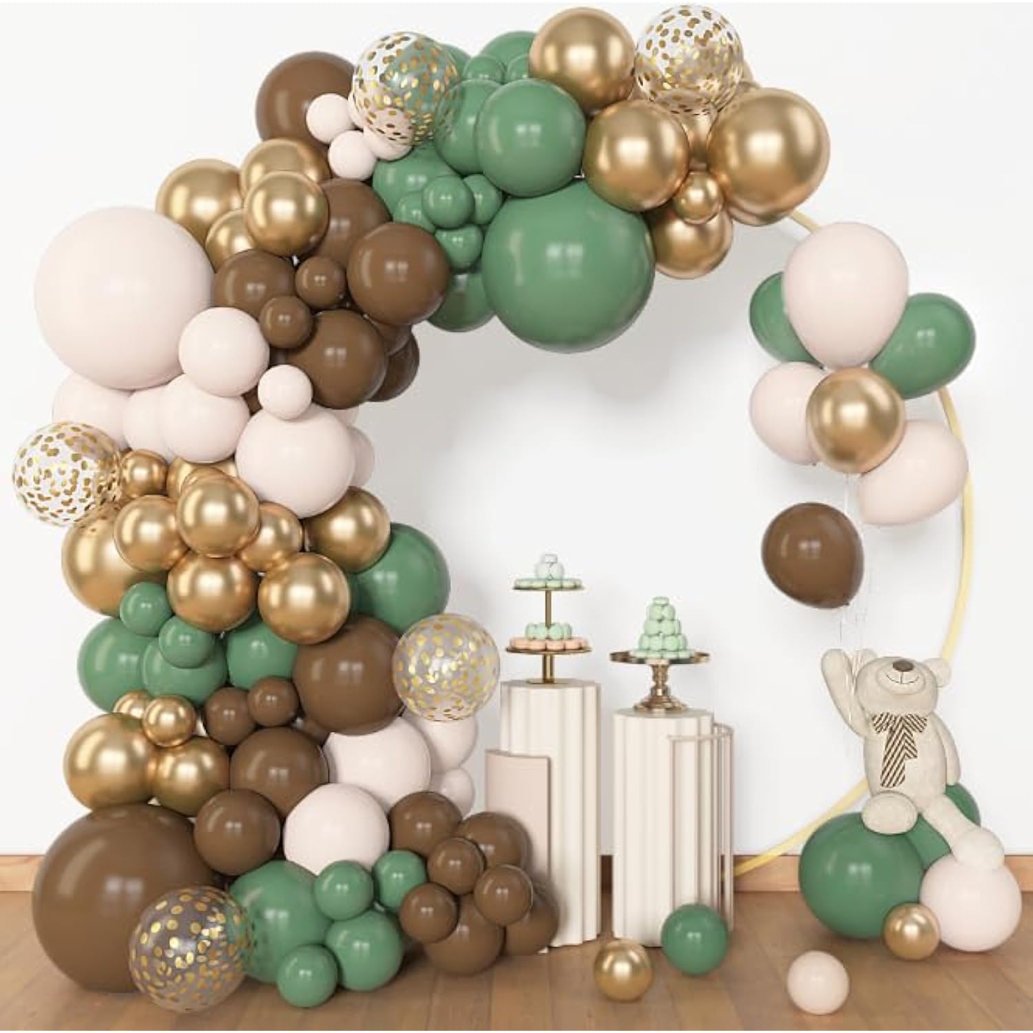 153Pcs Sage Green Brown Balloon Garland Arch Kit, Different Sizes 18 12 10 5 Inch Olive Green Gold Latex Metallic Confetti Balloons For Safari Jungle Woodland Birthday Baby Shower Decorations