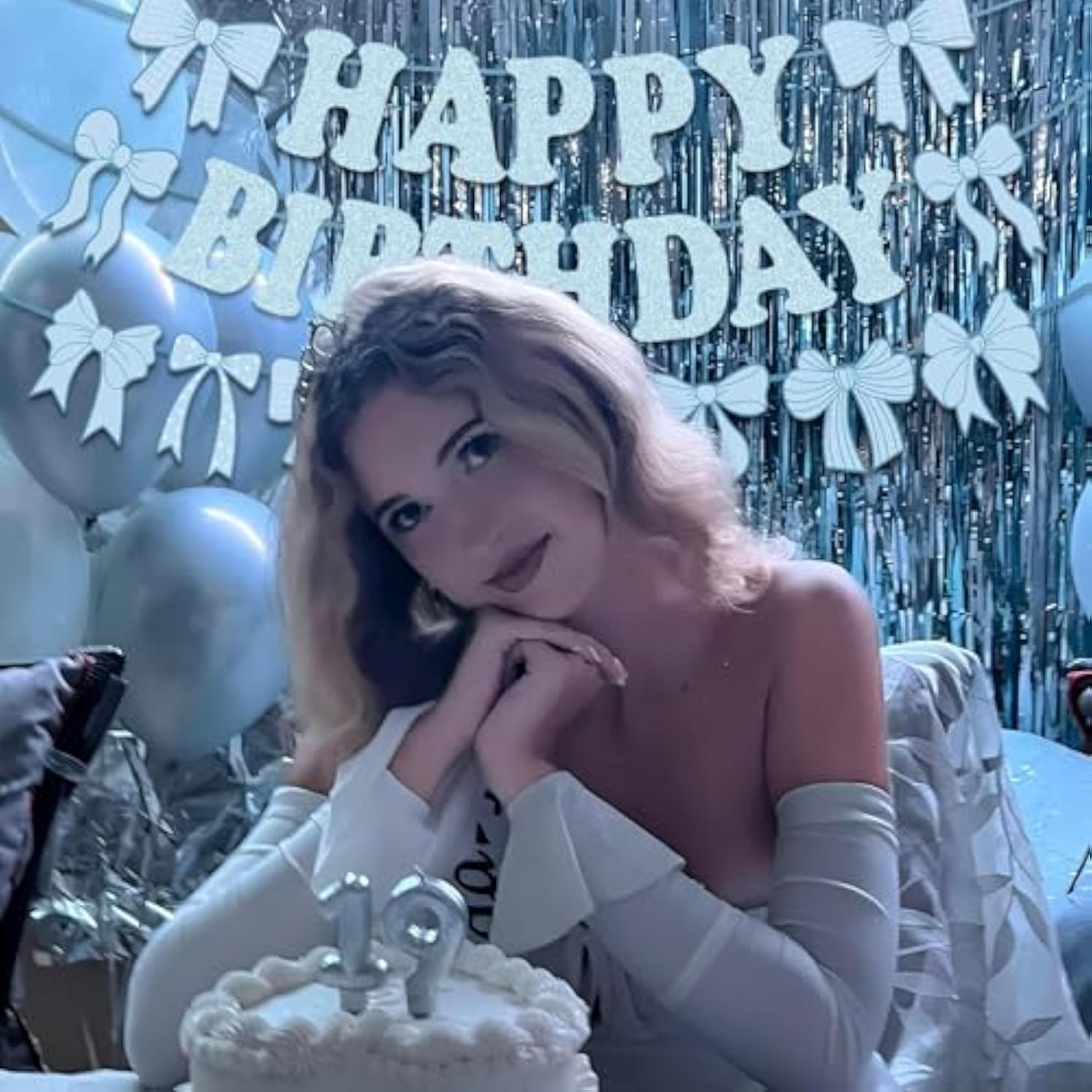 Pre-Strung Blue Bow Decorations Glitter Happy Birthday Banner Bow Garland Party Decorations For Girls Women Birthday Party (Blue)