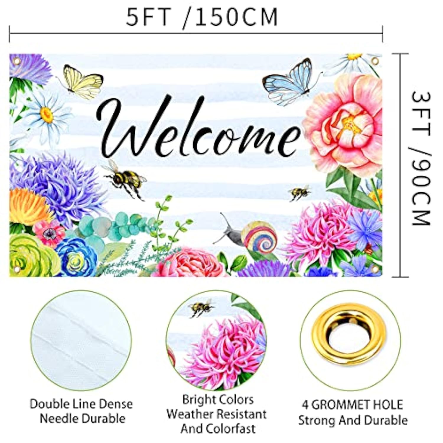 Welcome Spring Summer Flag 3X5 Ft Flower Butterfly Bee Yard House Flags Season Banner Polyester Double Stitched With 4 Brass Grommets Flag For Outdoor Indoor Home Decor