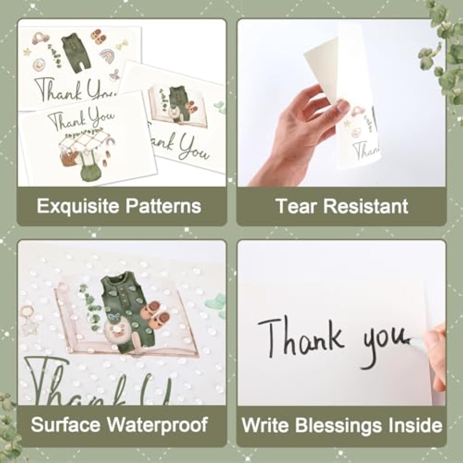 24 Pack Baby Shower Thank You Cards Vintage Green Clothes Note Cards With Envelopes Stickers Sage Green Greeting Blank Card Woodland Personalized Thank You Card For Birthday Baby Shower Party Favors