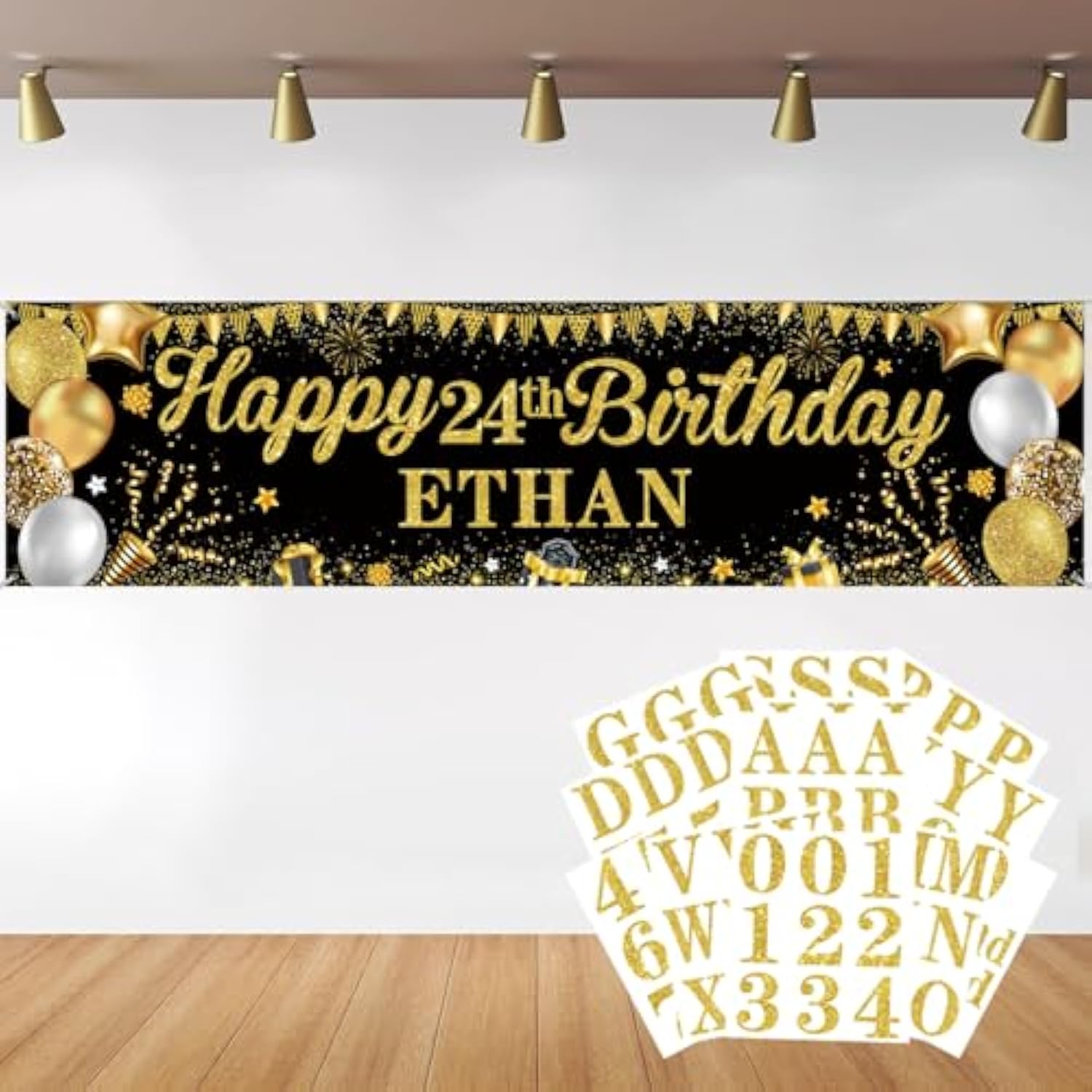 Personalized Birthday Banner, Custom Name & Age Stickers for Indoor/Outdoor Parties (Black & Gold)