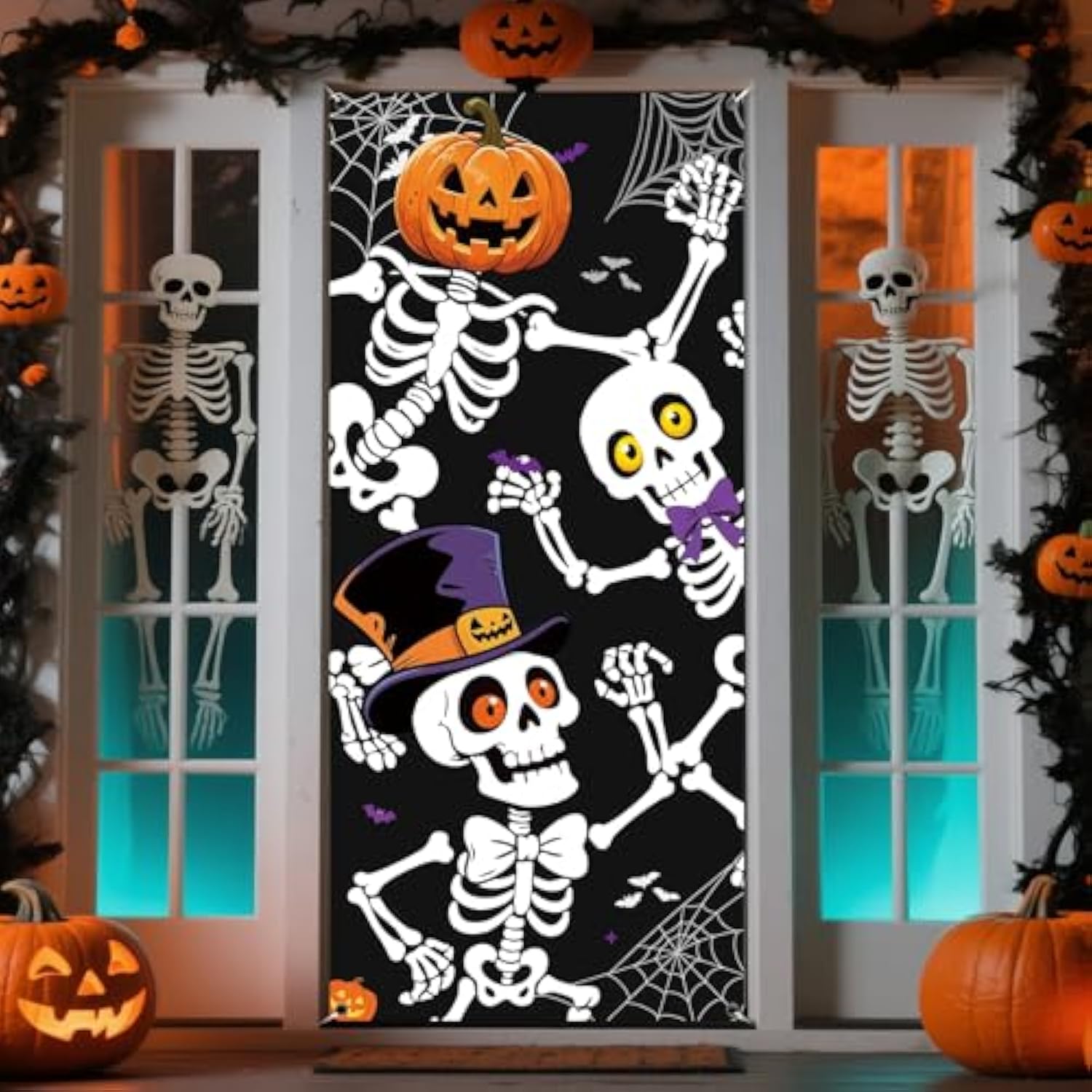 Halloween Door Cover 79x35 Inch Skeleton Door Banner for Haunted House Party Decor