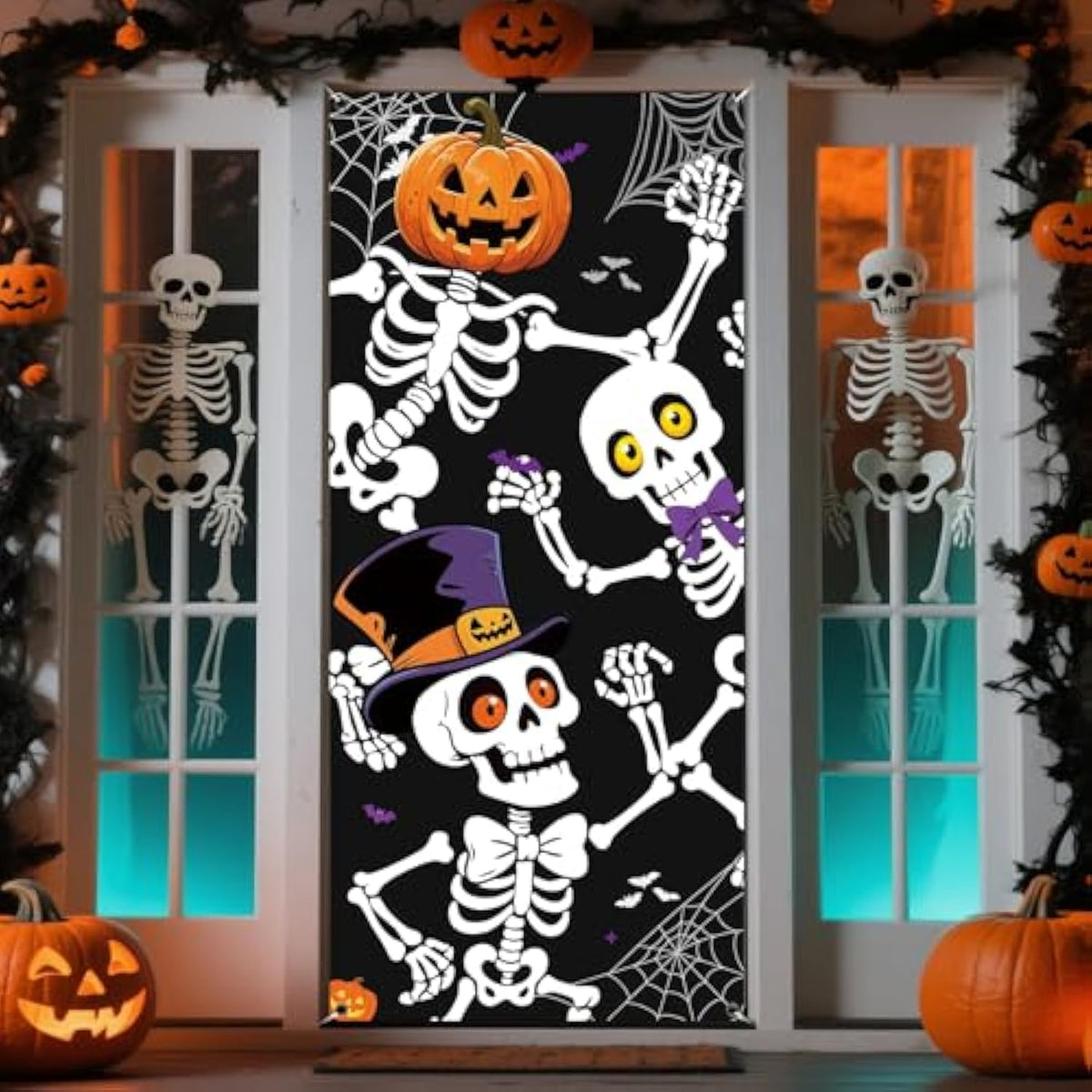 Halloween Door Cover 79x35 Inch Skeleton Door Banner for Haunted House Party Decor
