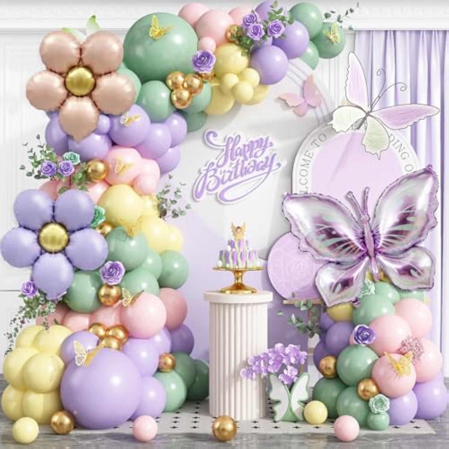 Spring Floral Butterfly Balloon Arch Kit,155Pcs Pastel Purple Yellow Pink Green Balloon Garland With 3D Stickers Daisy Butterfly Foil Balloons For Fairy Baby Shower Birthday Tea Party Decorations