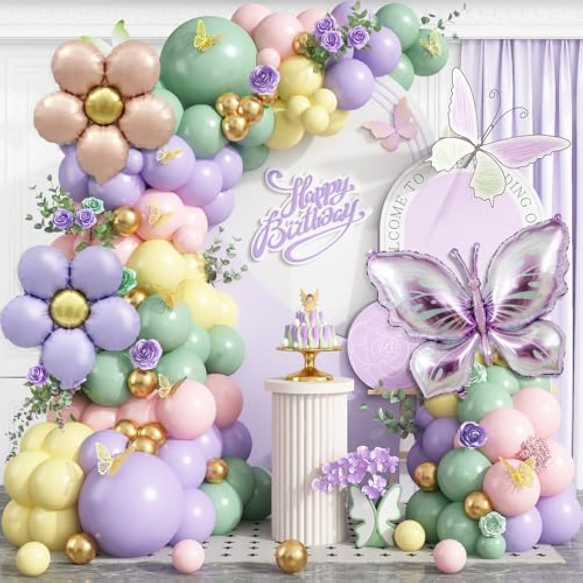 Spring Floral Butterfly Balloon Arch Kit,155Pcs Pastel Purple Yellow Pink Green Balloon Garland With 3D Stickers Daisy Butterfly Foil Balloons For Fairy Baby Shower Birthday Tea Party Decorations