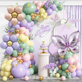 Spring Floral Butterfly Balloon Arch Kit,155Pcs Pastel Purple Yellow Pink Green Balloon Garland With 3D Stickers Daisy Butterfly Foil Balloons For Fairy Baby Shower Birthday Tea Party Decorations