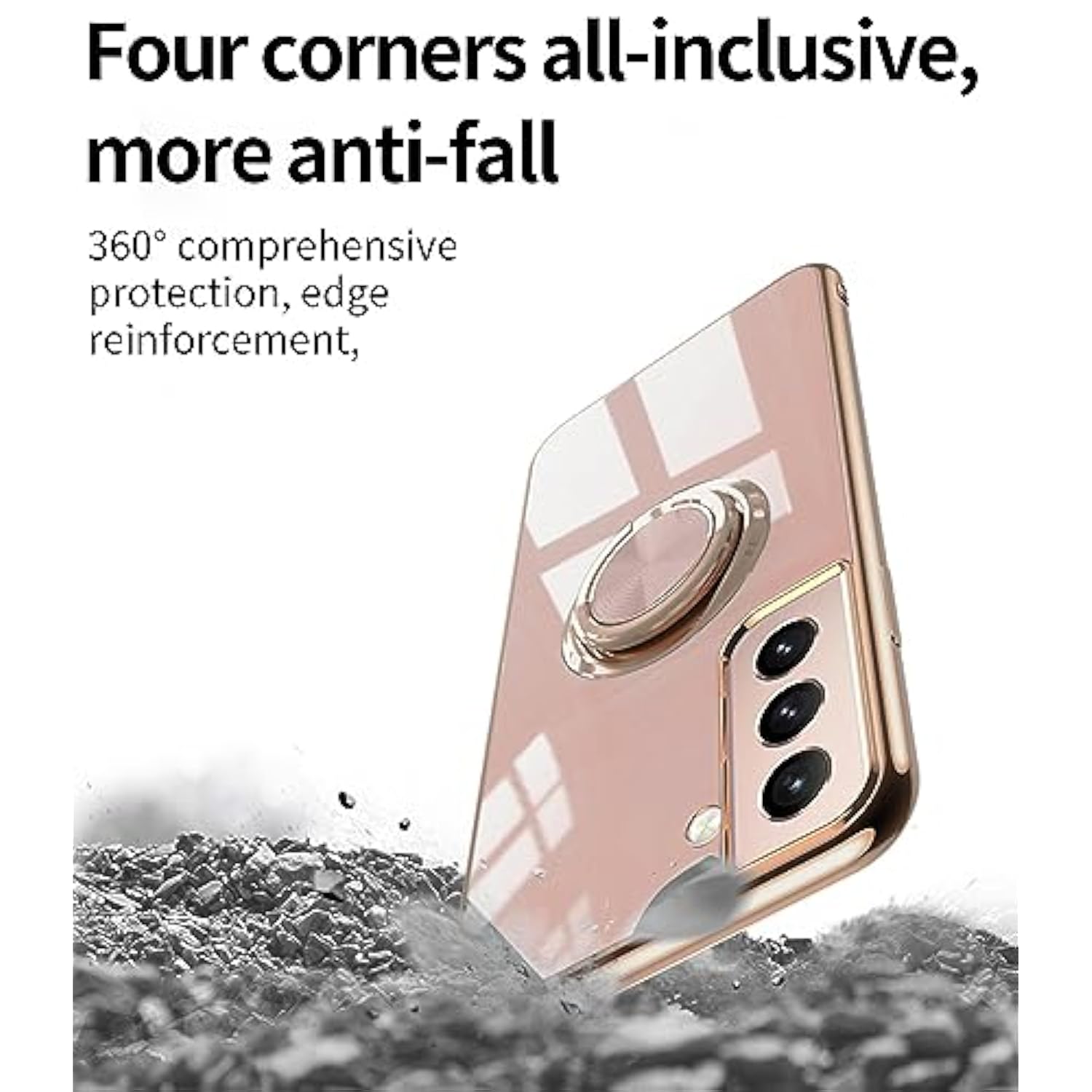 For Samsung Galaxy S21 5G Case, With 2 Screen Protector, Built-In 360° Ring Holder Magnetic Stand, Luxury Electroplated Plating Edge Shockproof Protective Phone Cover, Rose Gold