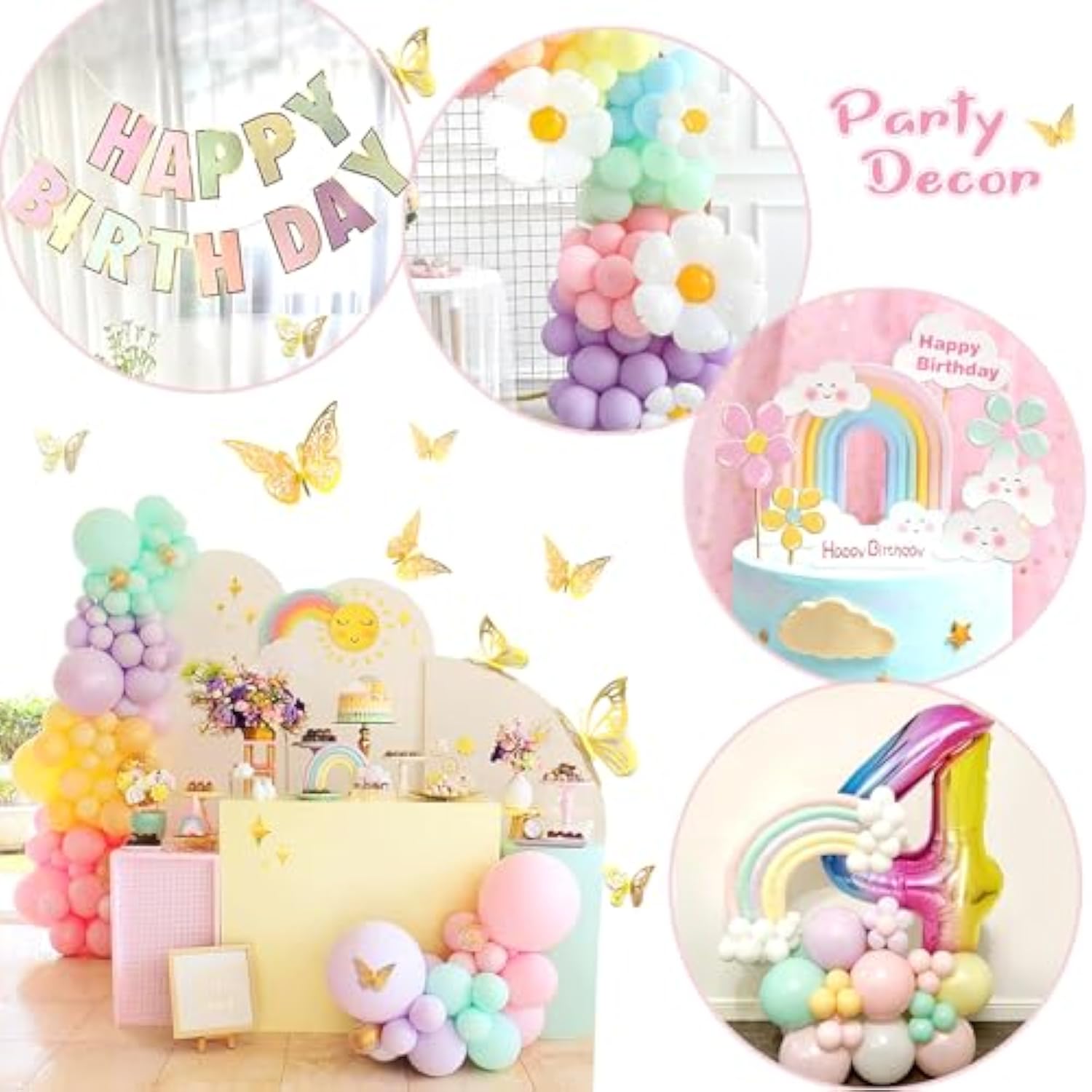 Pastel 4Th Birthday Decorations Girl, 219Pcs Pastel Rainbow Balloon Arch Garland Kit, With Number 4 Balloons,Banner,Cake Toppers,12 3D Butterfly For 4 Year Old Girl Birthday Easter Party Decor
