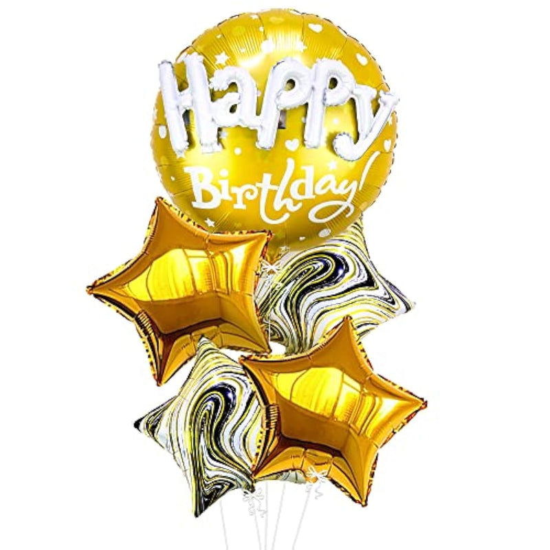 , Gold Happy Birthday Balloon Set - 23 Inch, Big, Pack Of 5 | Happy Birthday Mylar Balloons, Golden Birthday Balloons | Gold Party Decorations, Golden Happy Birthday Decorations