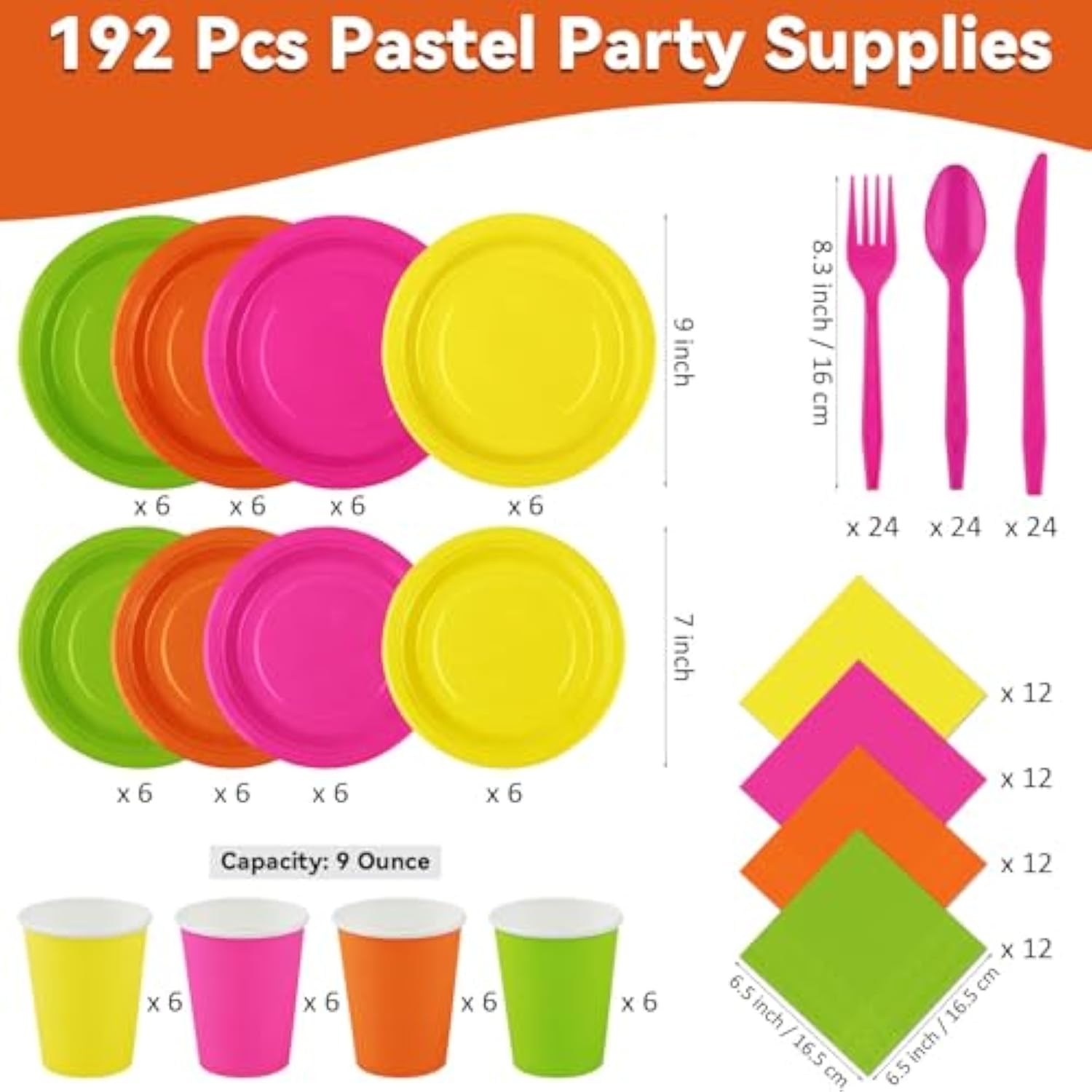 Neon Party Supplies Set (192 Pcs): Plates, Cups, Napkins, Cutlery - 24 Guests