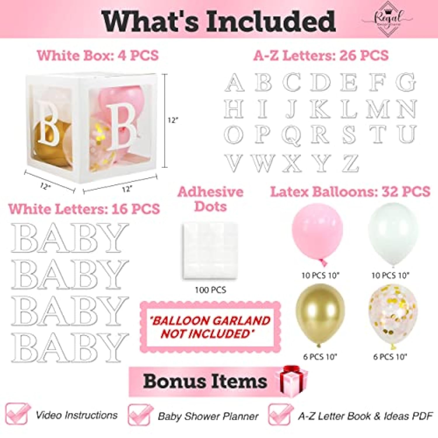 82 Pcs Baby Shower Decorations For Girl - Jumbo Baby Boxes With Letters 4X Baby & A-Z I Transparent Baby Blocks, Balloon Box White Pink Gold Confetti