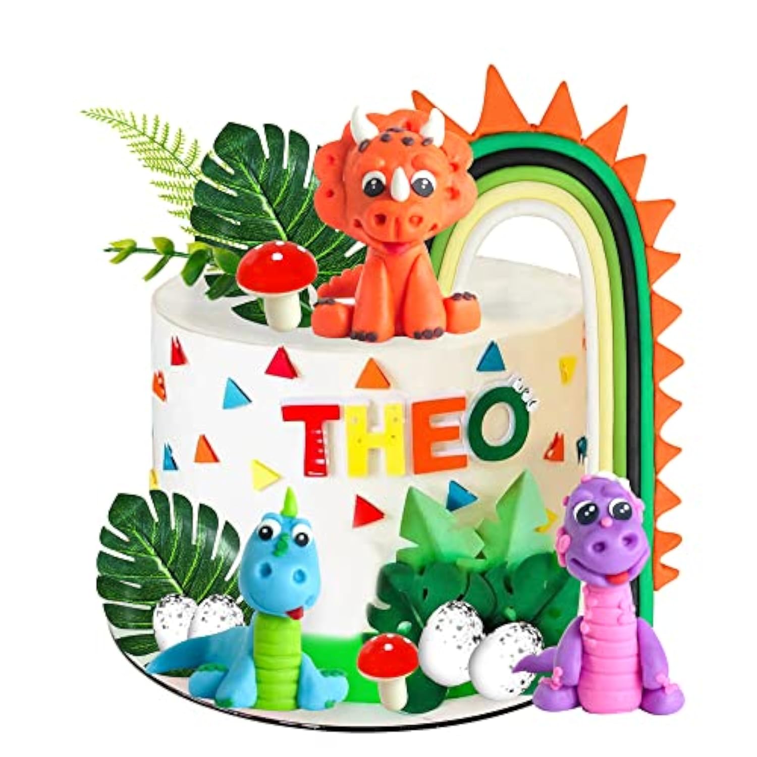 Clay Rainbow Dinosaur Cake Toppers w/ Eggs & Leaves Jungle Safari Party Decor